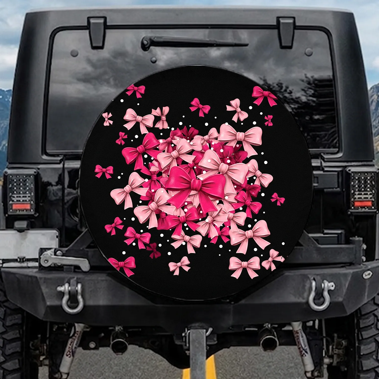 Pink Fuchsia Bows White Polka Dots on Black Background - Outdoor Vehicle Accessory Gift for Women Spare Tire Cover - 1