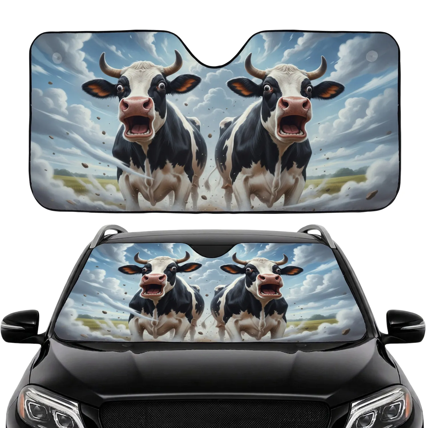 Shocked Holstein Cows Wind Swirls Sky - Farmhouse Decor Cow Lover Gift Car Sunshade - 1
