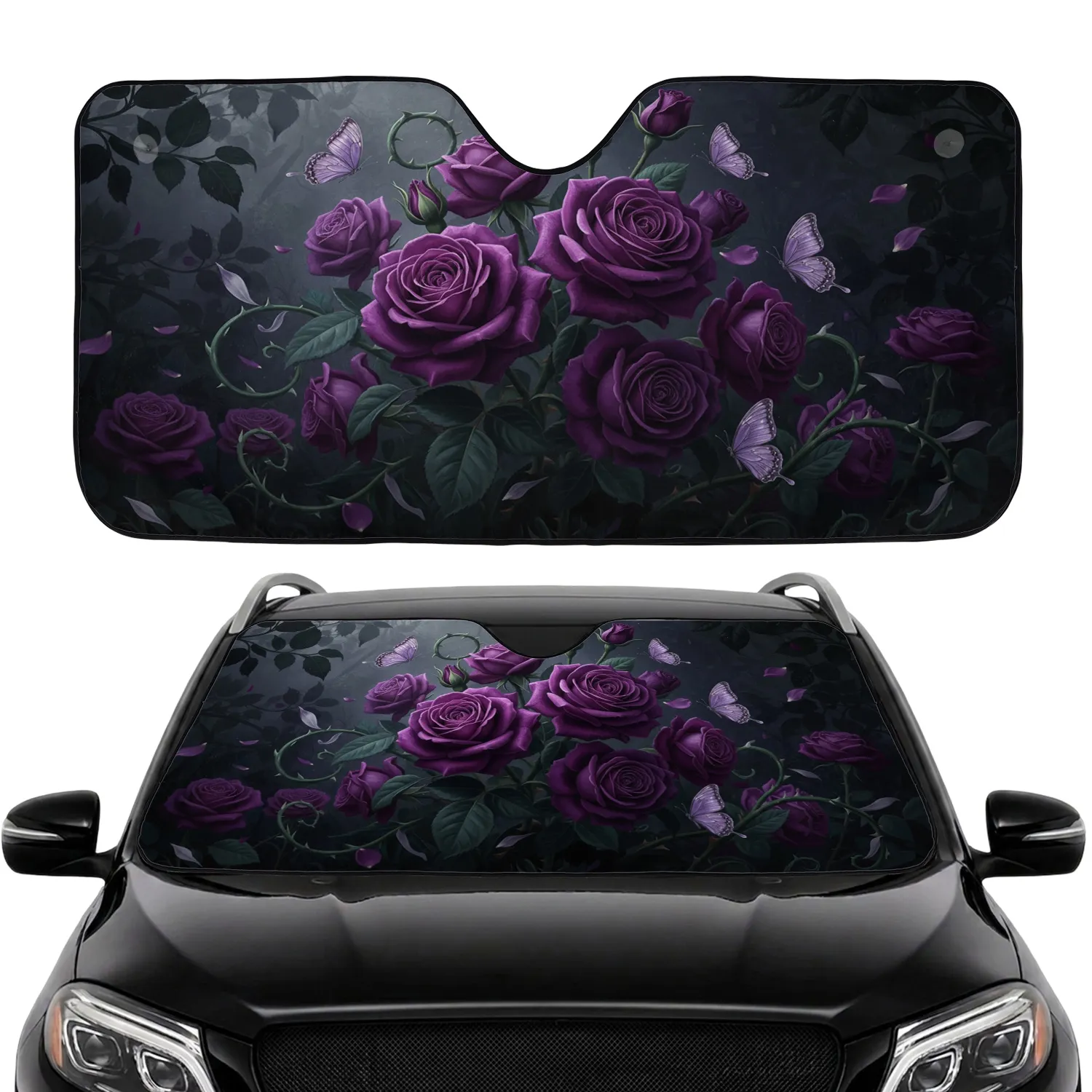 Regal Purple Roses Butterflies Shadowed Garden Scene Car Sunshade - 1