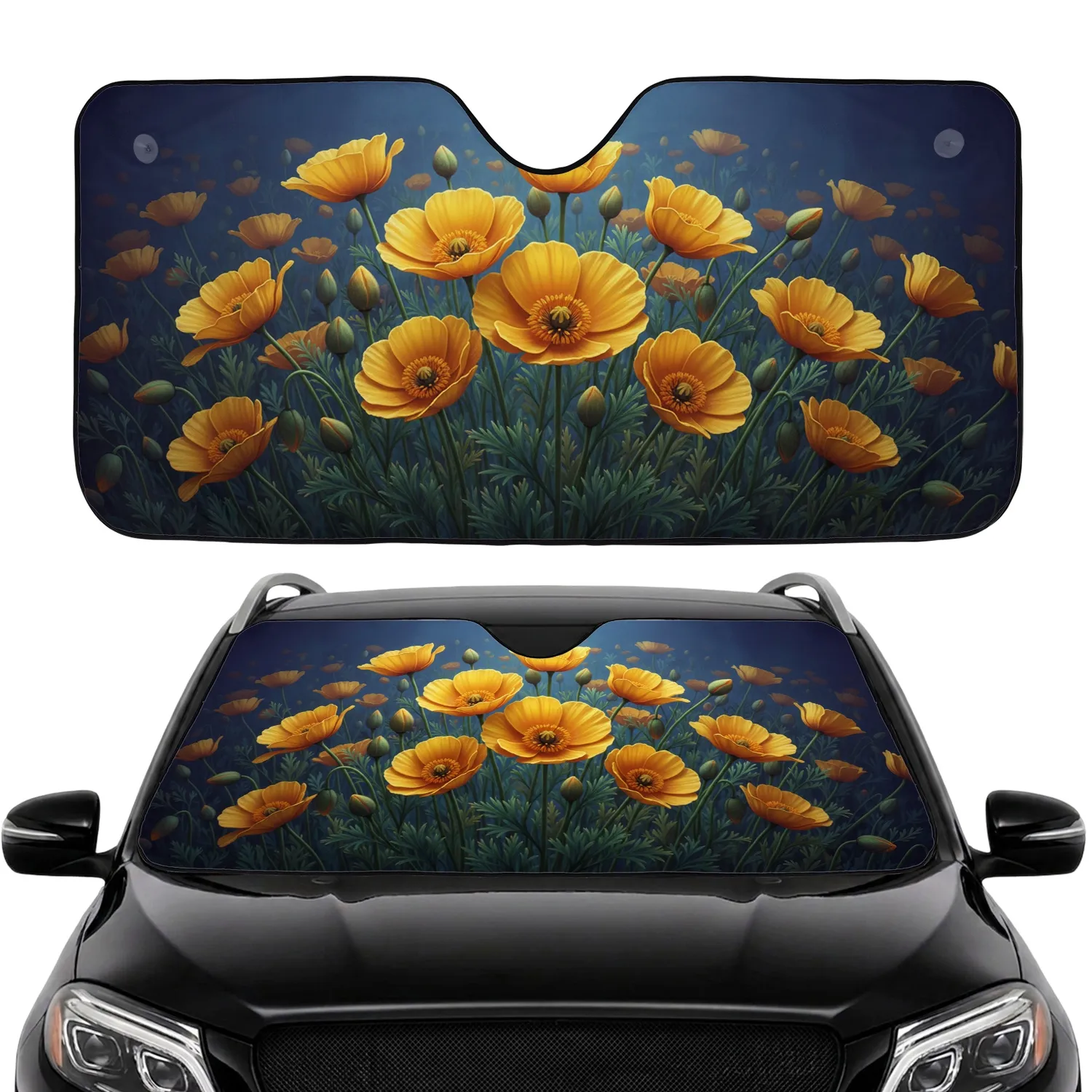 Golden Yellow Poppies Floral Field Indigo Twilight Garden Decor Gift - Nature Lover Car Sunshade - 1