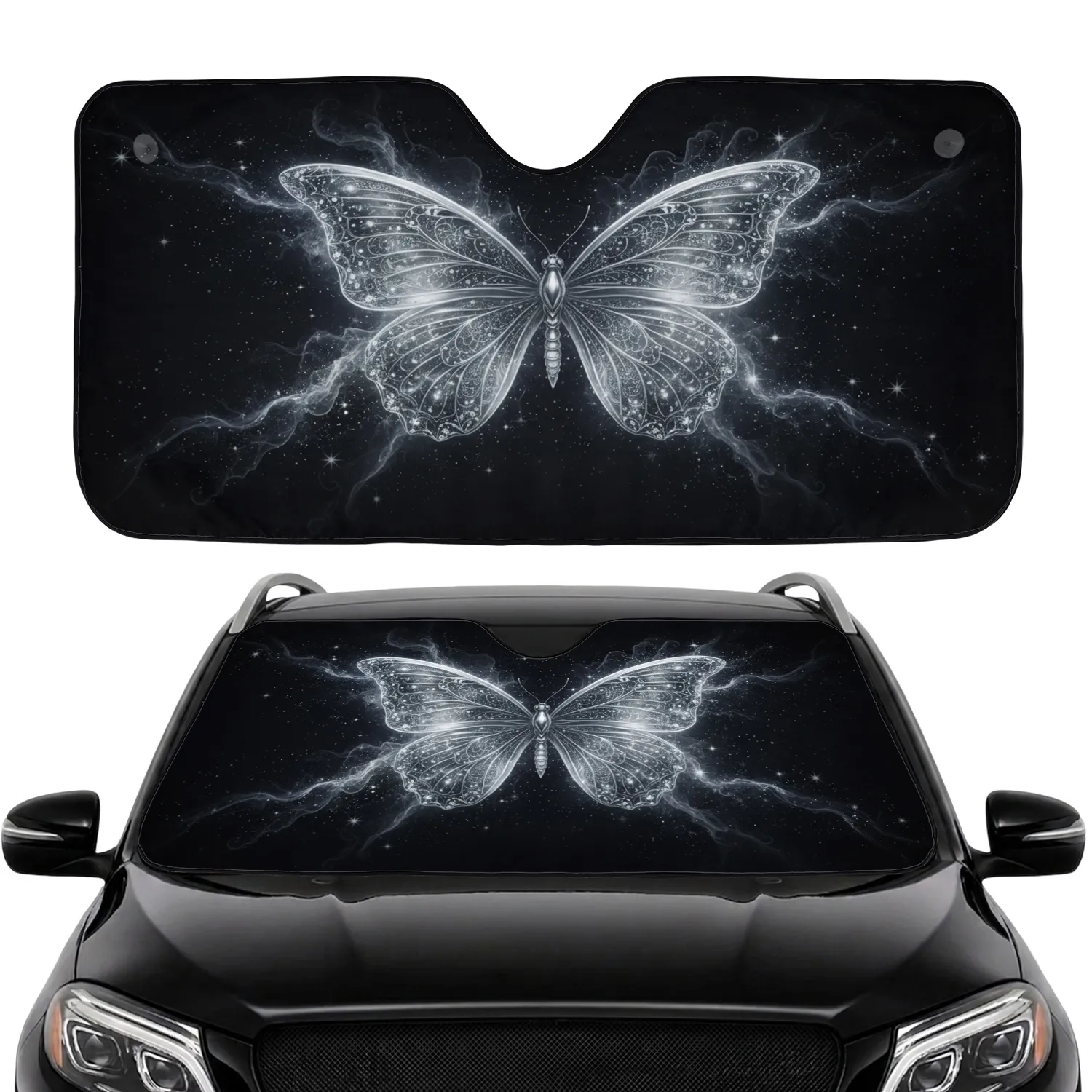 Majestic Silver Filigree Crystal Butterfly Deep Cosmic Night Sky - Space Lover Gift Car Sunshade - 1