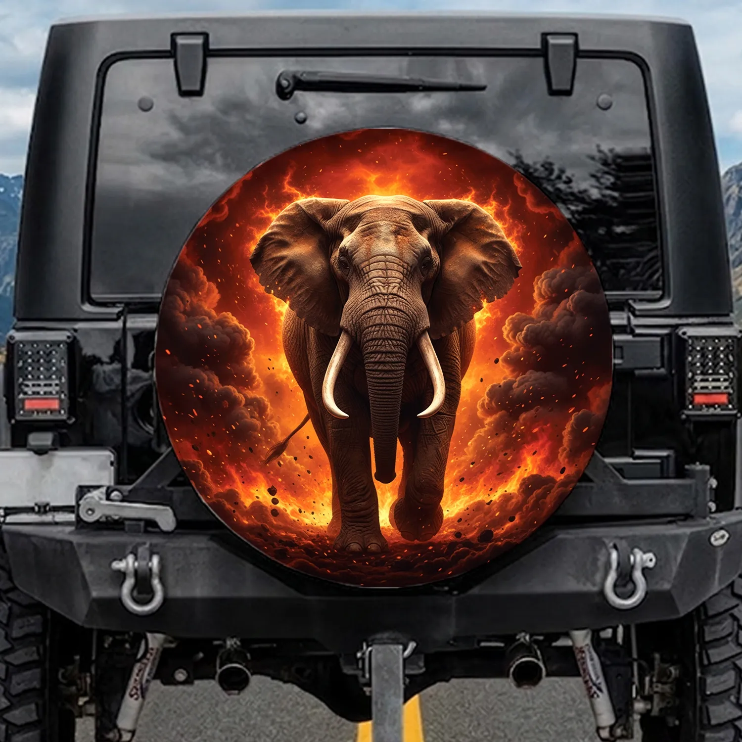 Majestic Elephant Incandescent Fire Volcanic Smoke - Wildlife Lover Adventure Gift Spare Tire Cover - 1