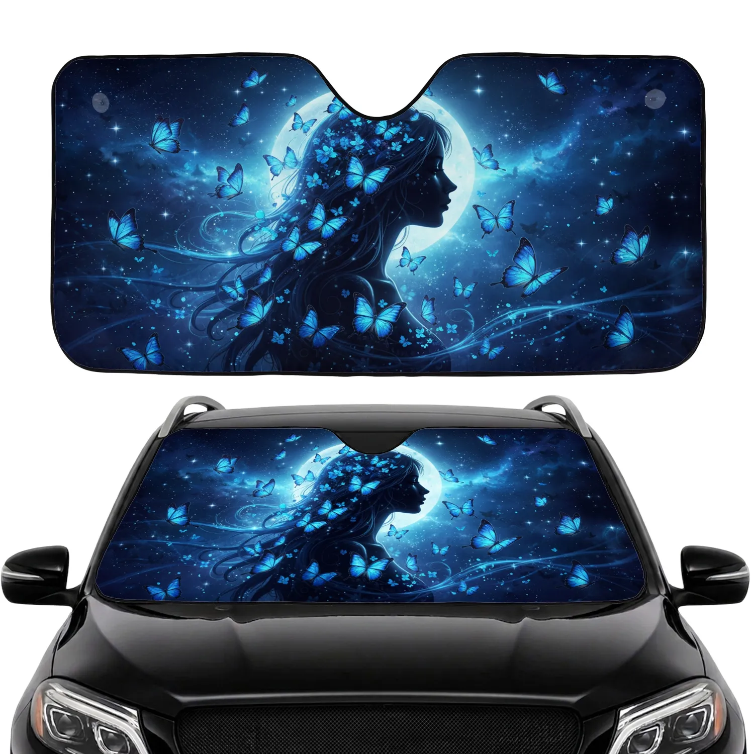 Woman Silhouette Blue Butterfly Celestial Night Sky Stars - Fantasy Lover Gift Car Sunshade - 1