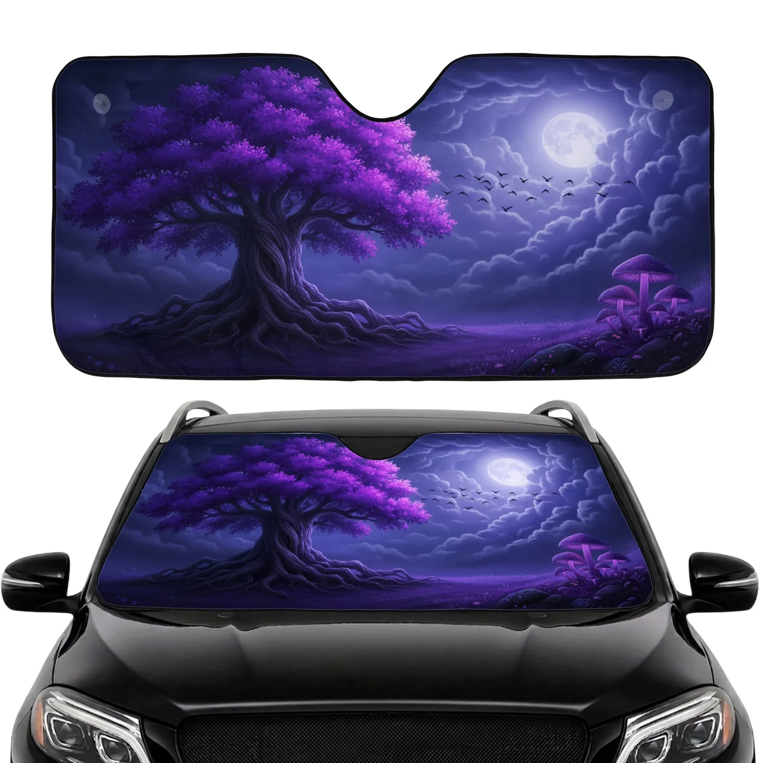 Ancient Tree Full Moon Birds Mushrooms Night Sky - Fantasy Lover Gift Car Sunshade - 1