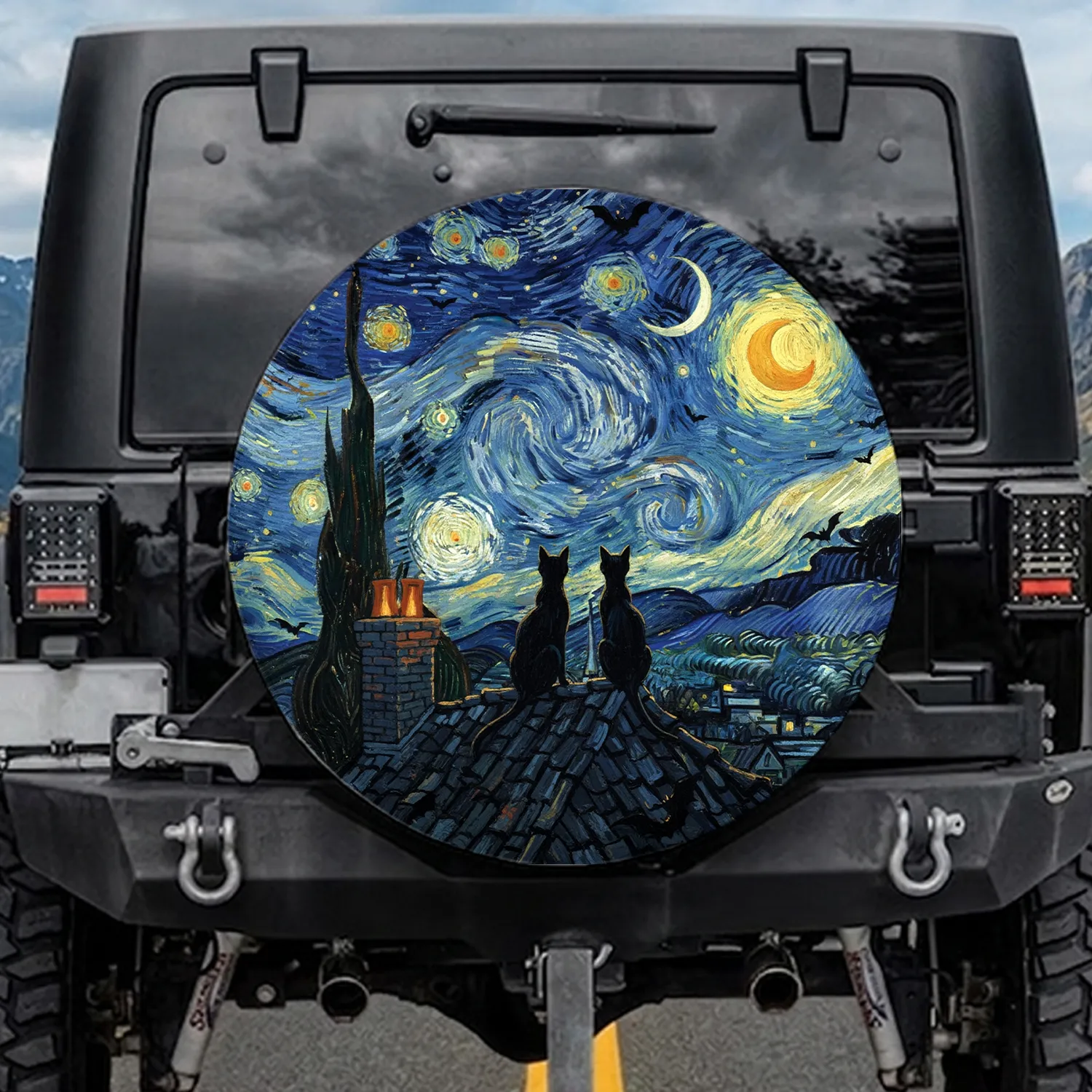 Black Cats Moon Rooftop Night Sky - Decor Gift for Cat Lover Spare Tire Cover - 1