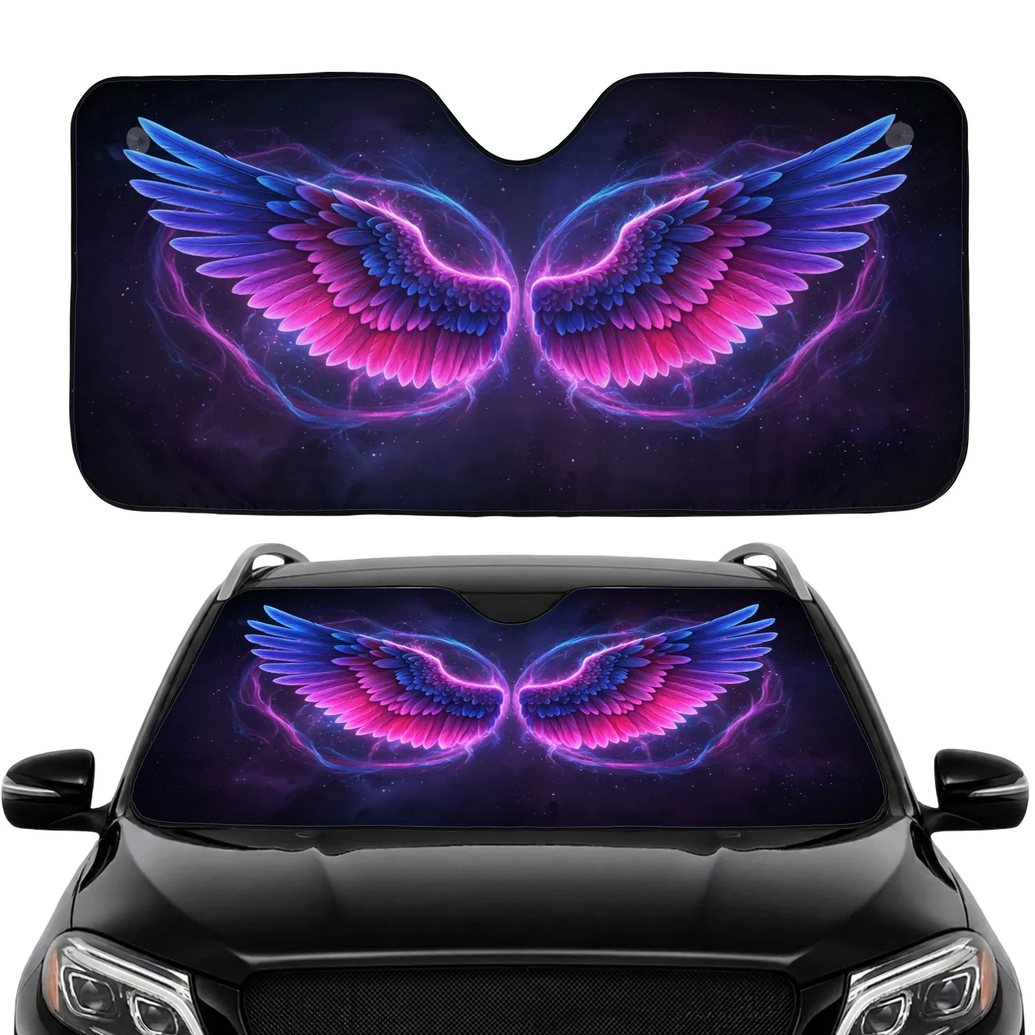 Iridescent Feathered Wings Blue Fuchsia Cosmic Nebula Deep Space Dust - Cosmic Lover Gift Car Sunshade - 1