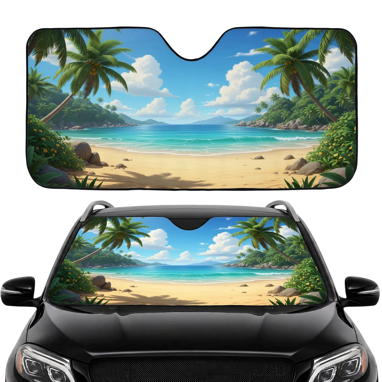 Tropical Beach Palm Tree Ocean View - Everyday Vehicle Decor Gift for Beach Lovers Car Sunshade - 1