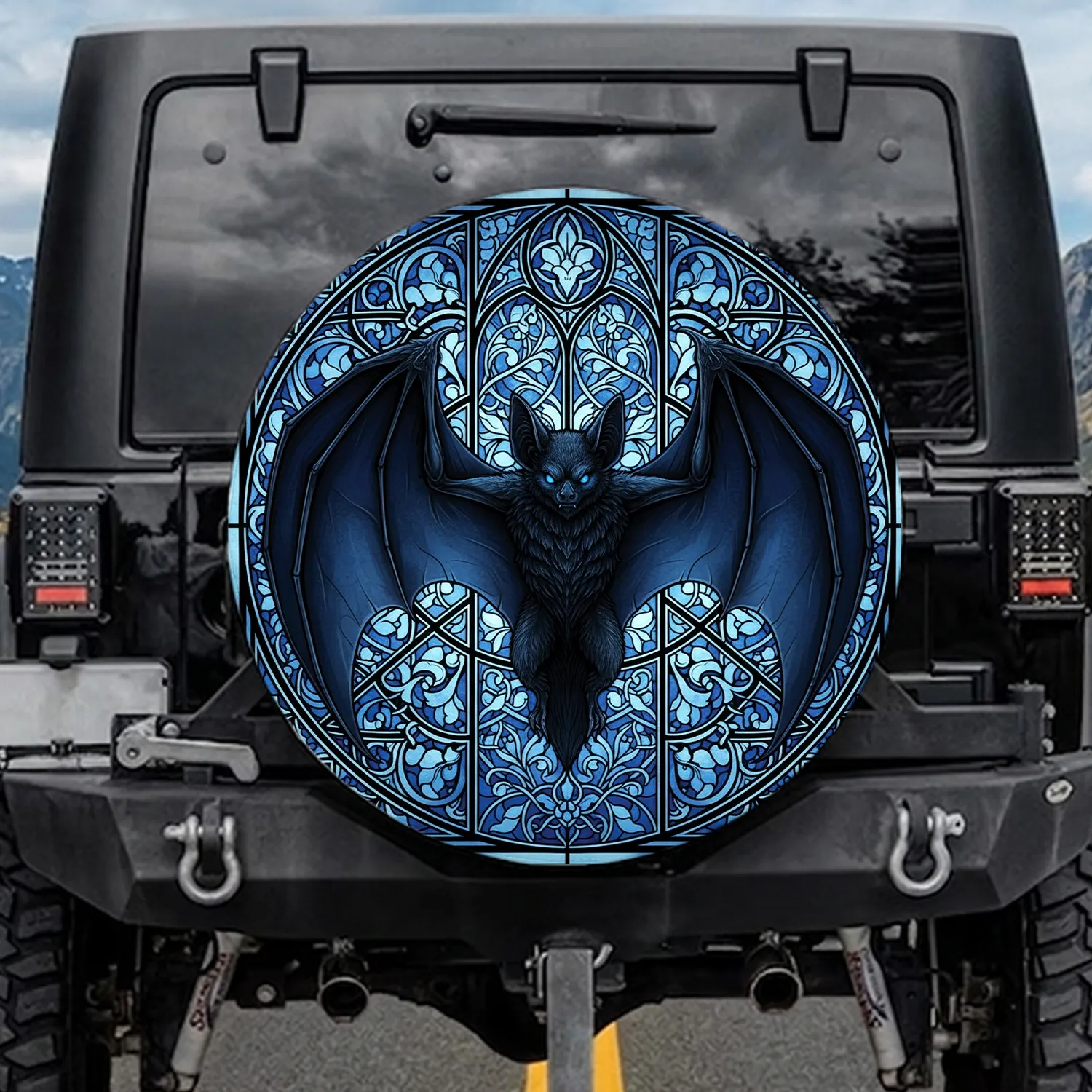 Black Bat Outstretched Wings Gothic Stained Glass - Decor Gift for Bat Lovers Spare Tire Cover - 1