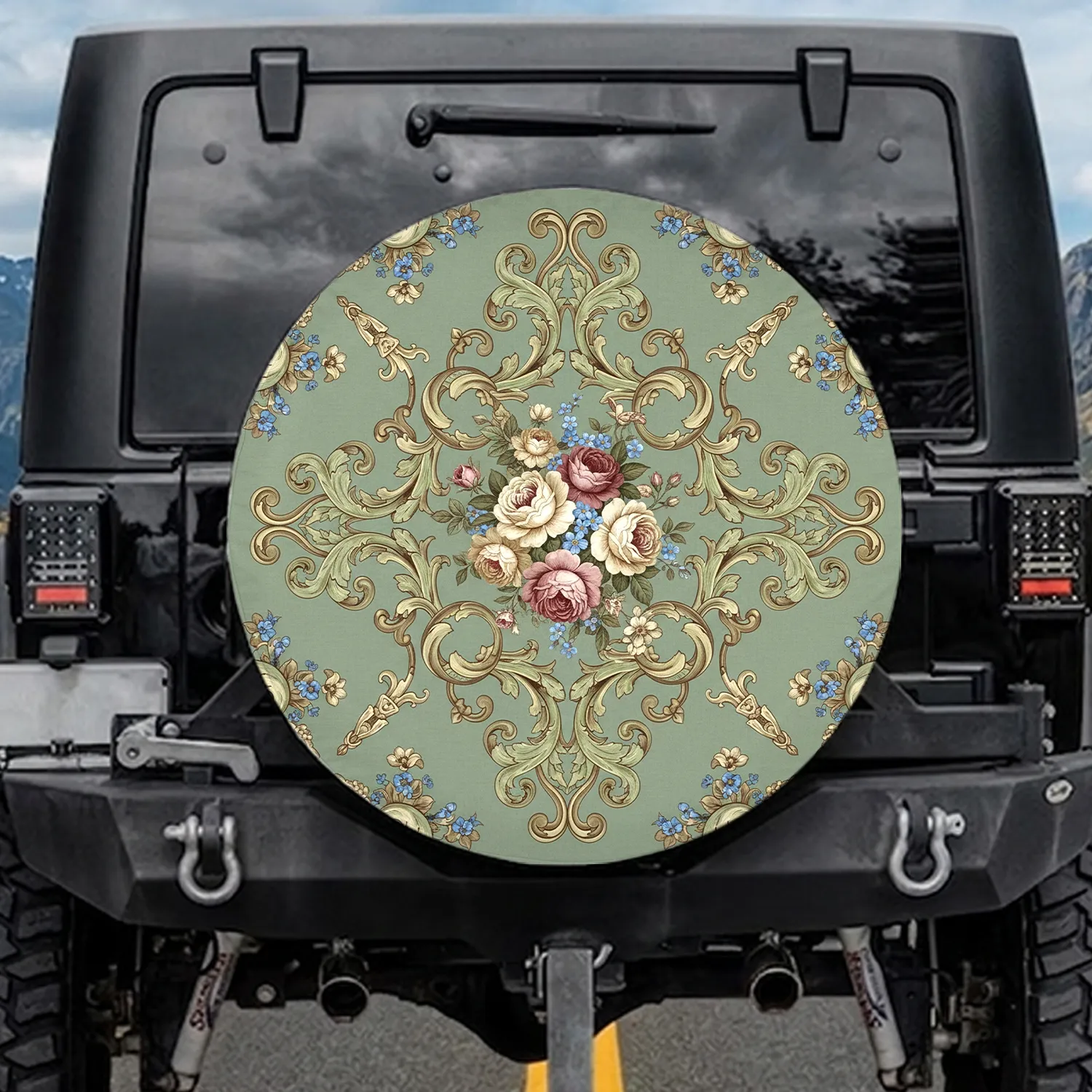 Antique Rose Forget-Me-Not Acanthus Tendril Floral Spare Tire Cover - 1