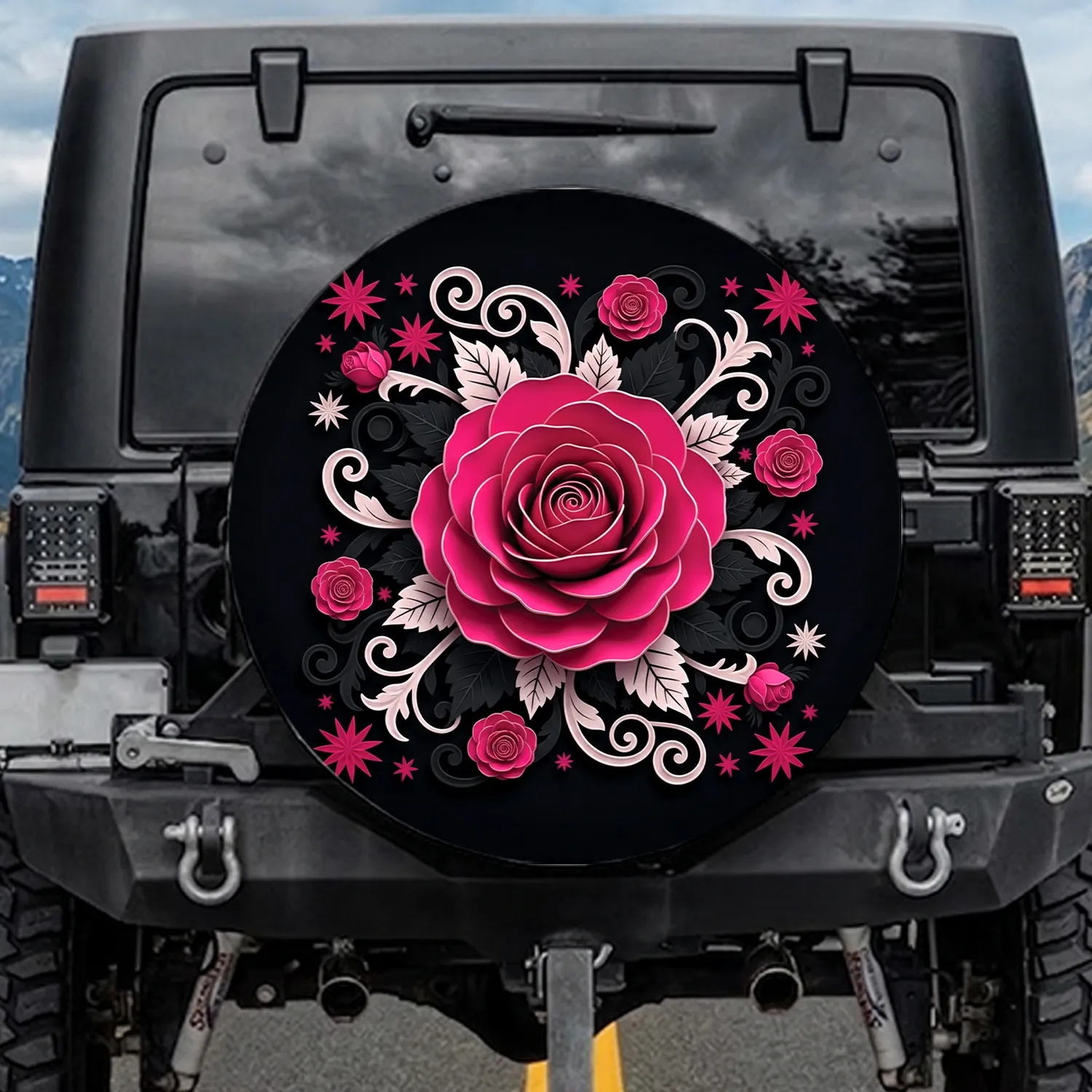 Fuchsia Magenta Floral Rose Deep Black Leaf Starburst Spare Tire Cover - 1
