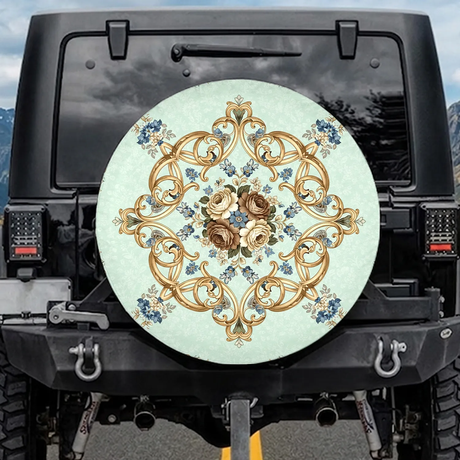 Botanical Floral Medallion Brown Cream Roses Rococo Scrollwork Decor Gift Spare Tire Cover - 1