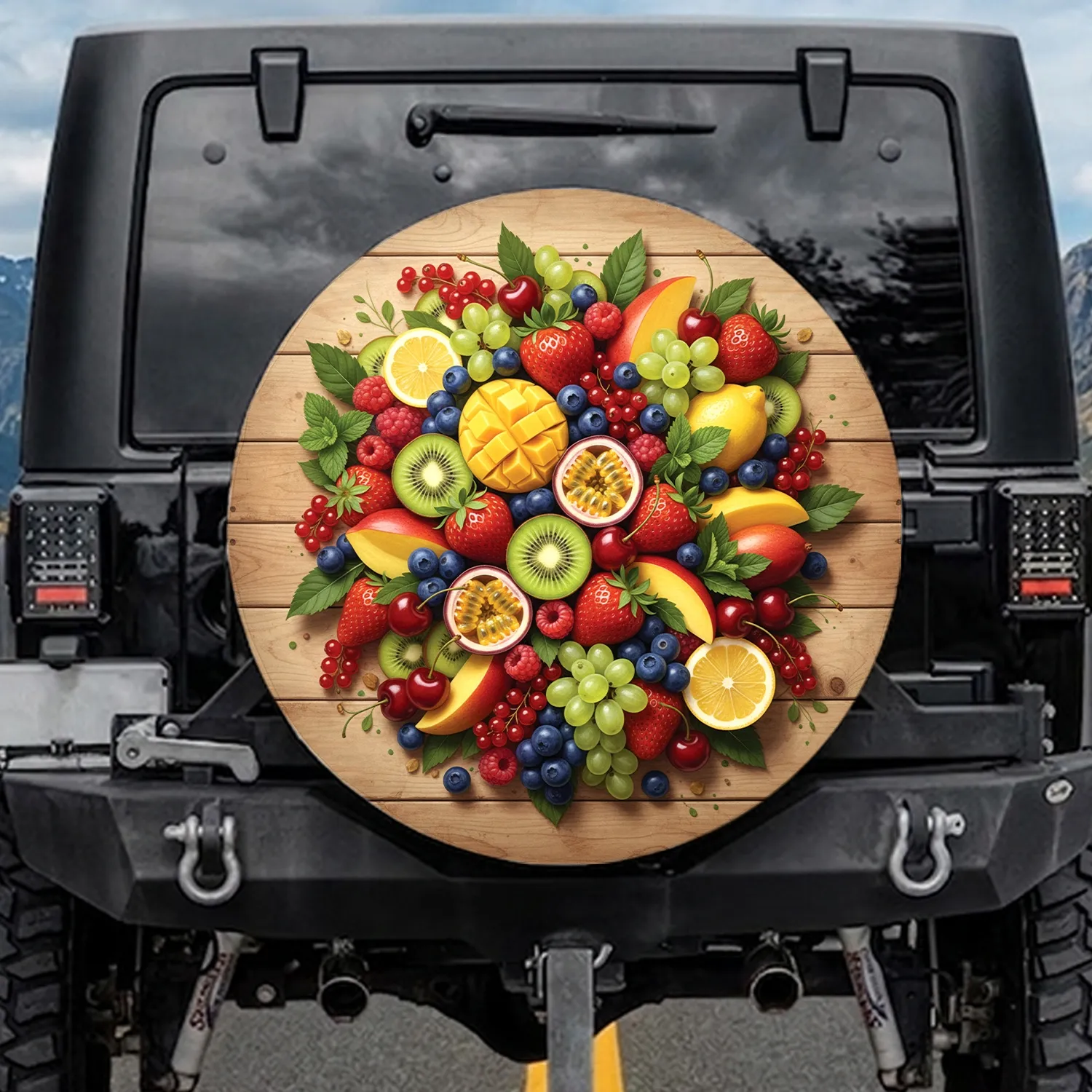 Lush Strawberries Blueberries Mango Lemons Kiwi Fruits Rustic Wood Board - Food Lover Gift Spare Tire Cover - 1