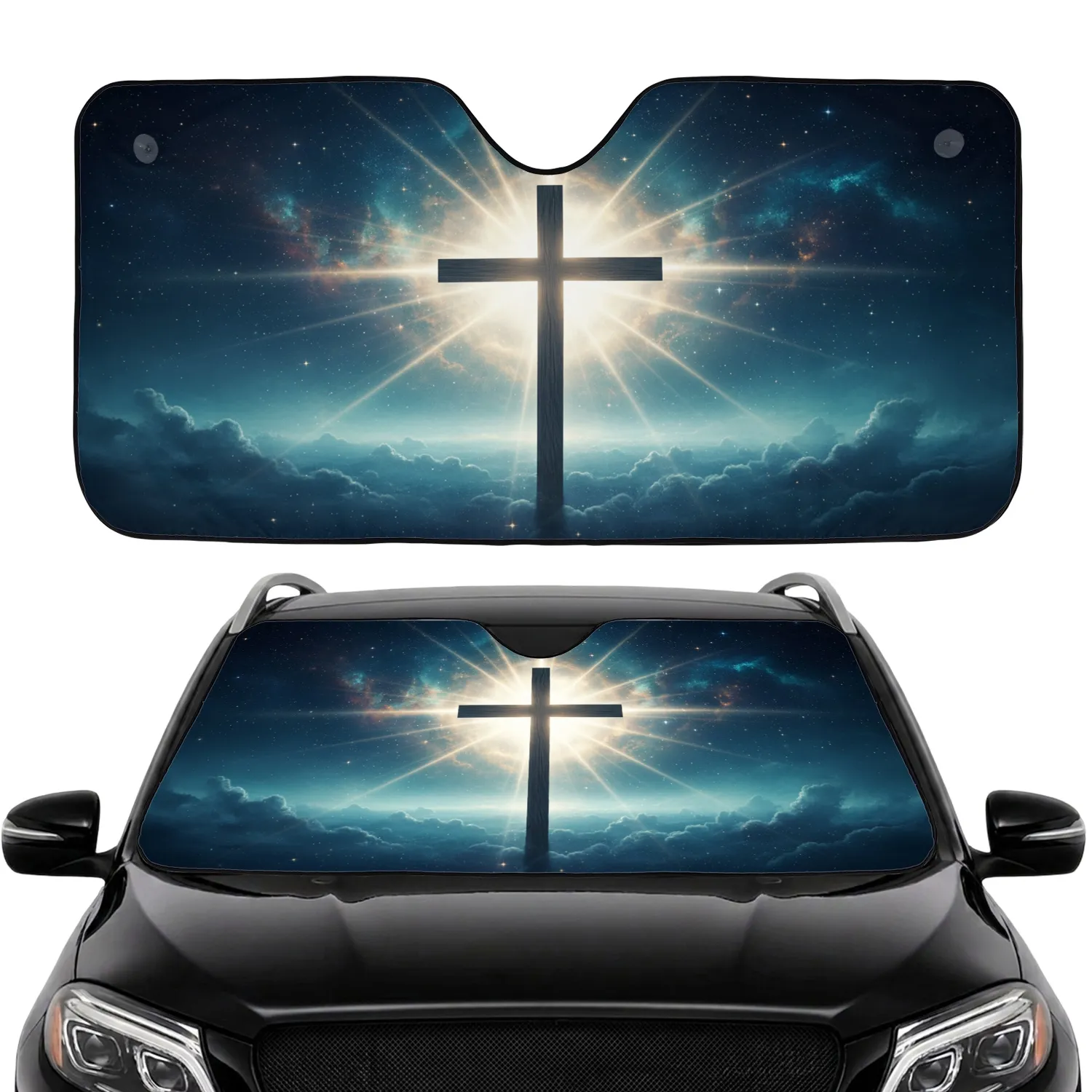 Radiant Cross Cosmic Night Sky - Spiritual Comfort Auto Decor Car Sunshade - 1