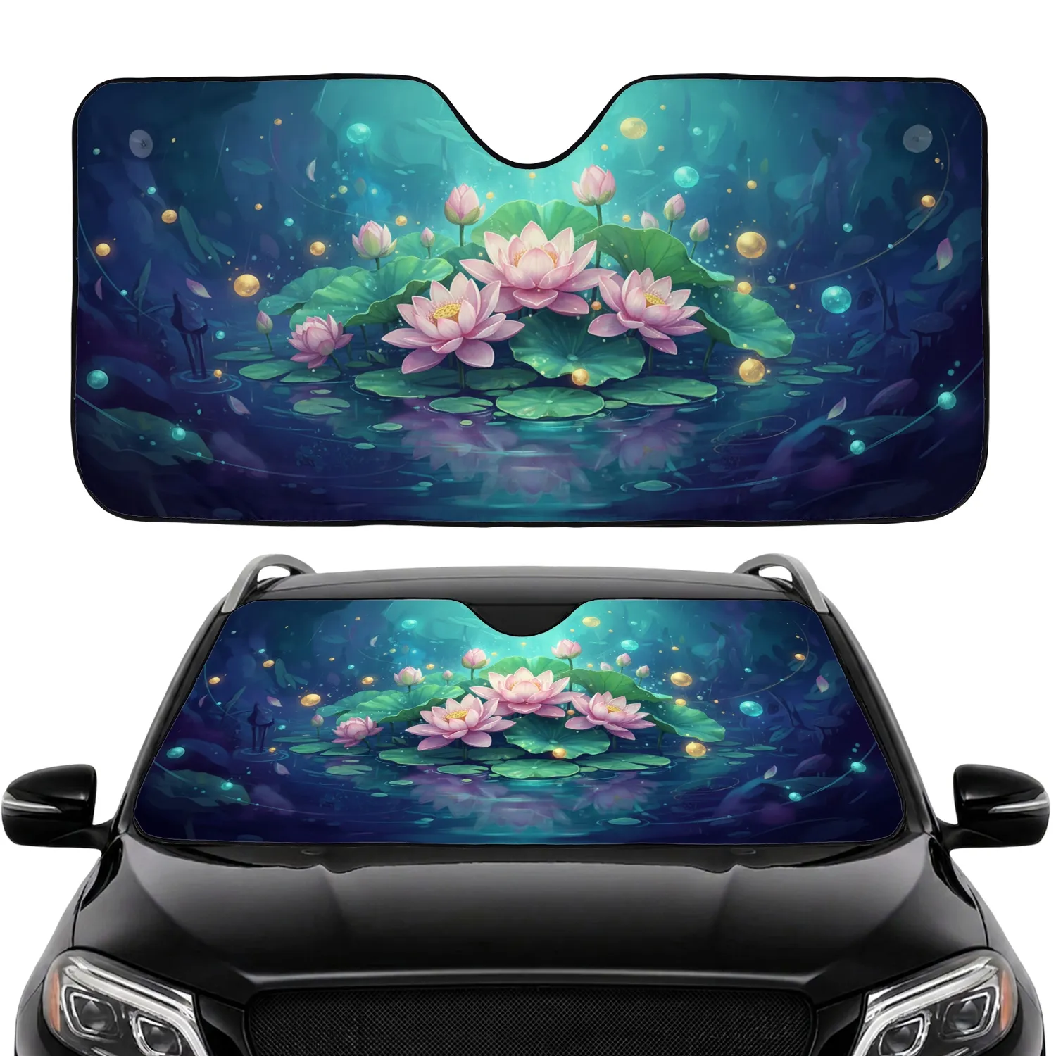 Pink White Lotus Flowers Glowing Orbs Reflective Water Scene Car Sunshade - 1