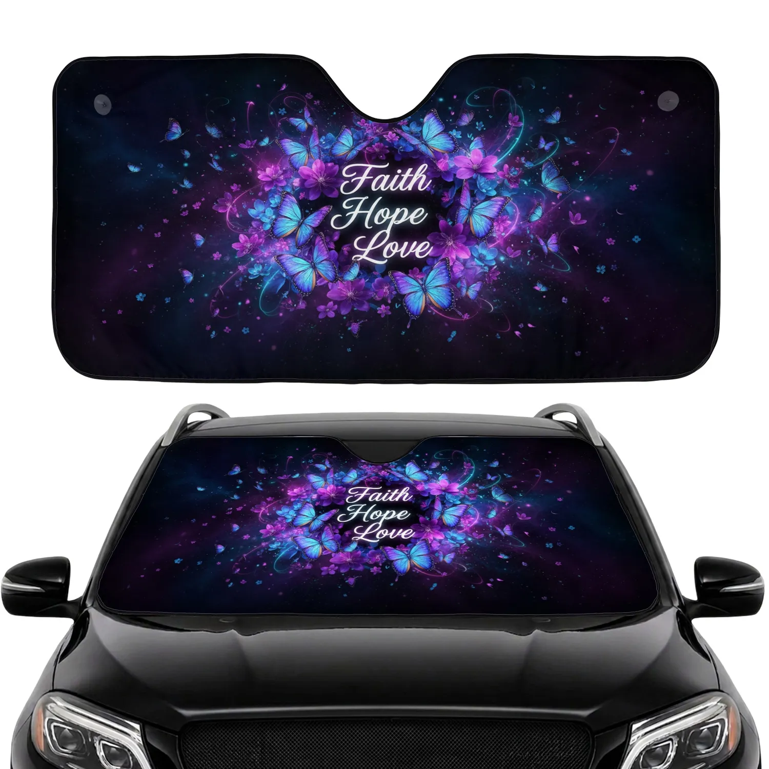 Faith Hope Love Iridescent Butterfly Nebula Floral - Inspirational Gift Car Sunshade - 1