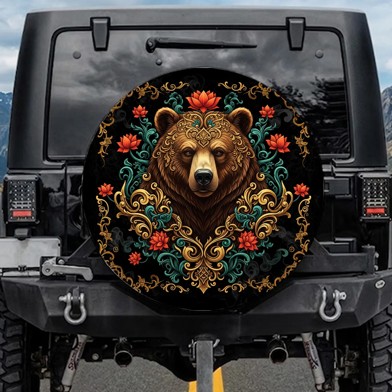 Brown Bear Filigree Lotus Flowers - Wildlife Lover Gift Spare Tire Cover - 1