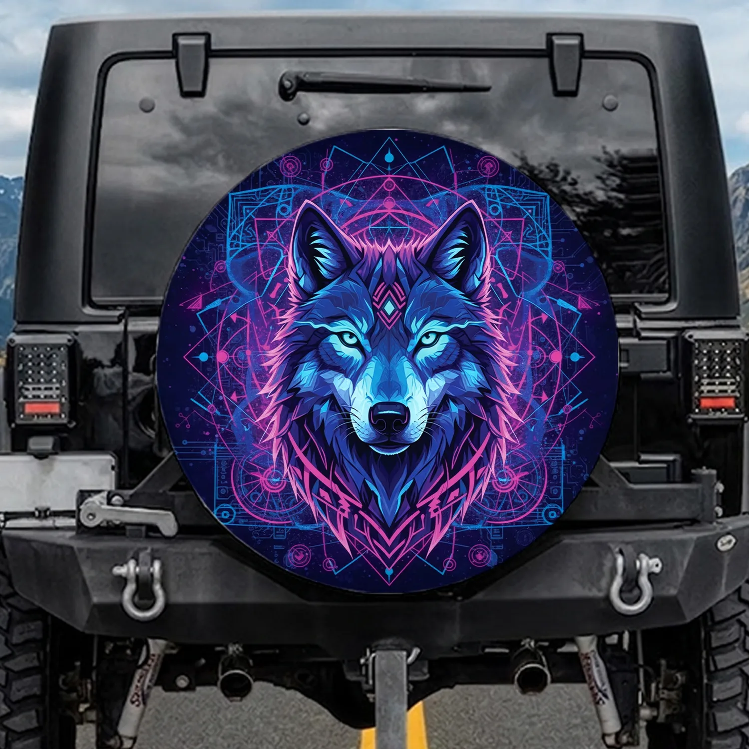Geometric Wolf Portrait Glowing Cyan Eyes - Cyber Tribal Vehicle Decor Spare Tire Cover - 1
