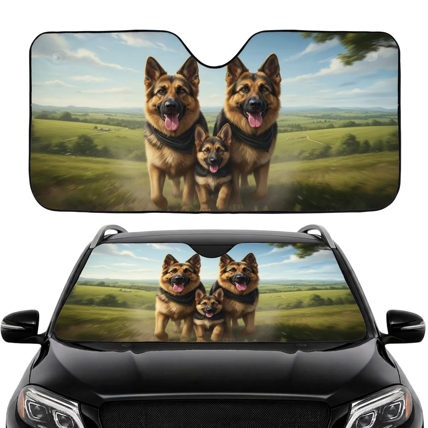 German Shepherd Family Puppy Rural Landscape - Dog Lover Travel Essentials Car Sunshade - 1
