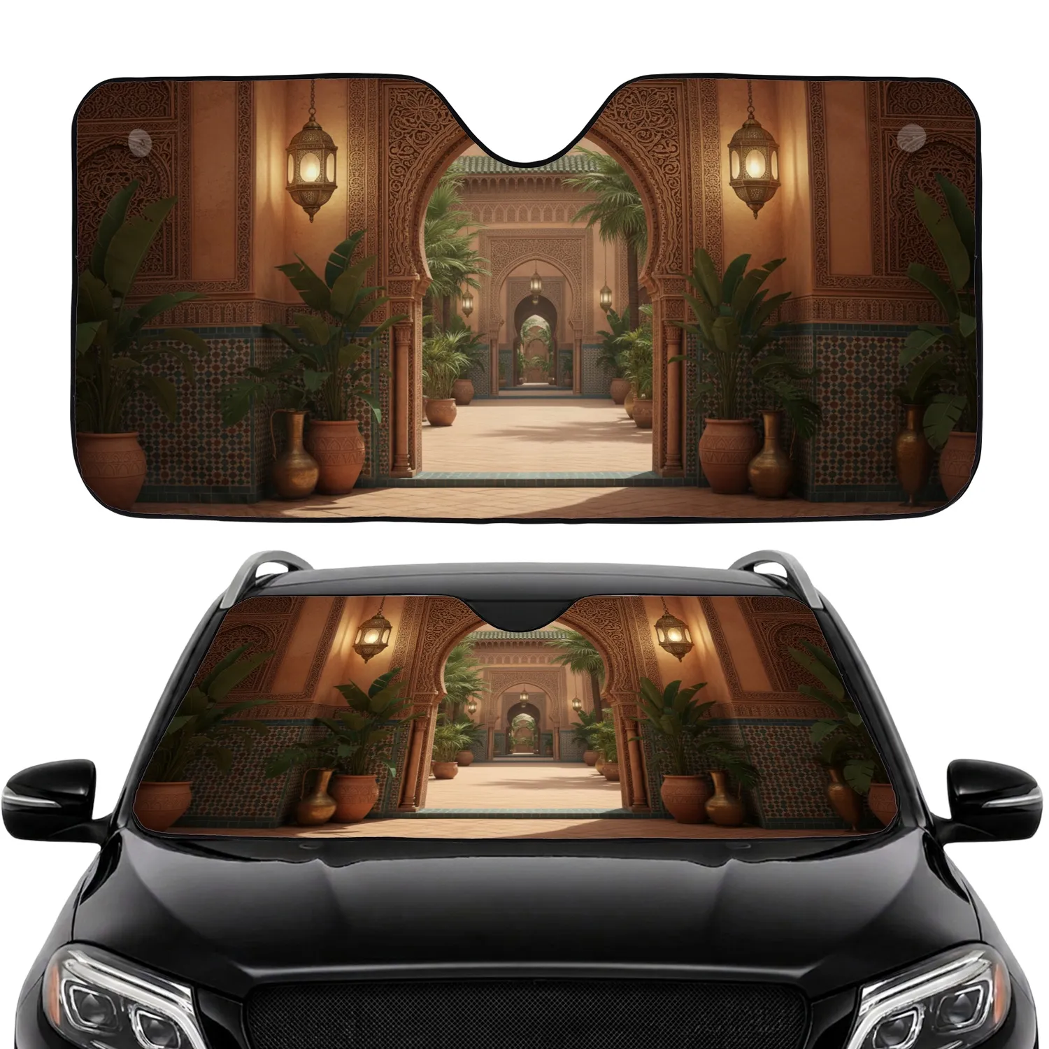 Moroccan Archway Courtyard Lanterns Tropical Plants Mosaic Tiles Carved Wood Car Sunshade - 1