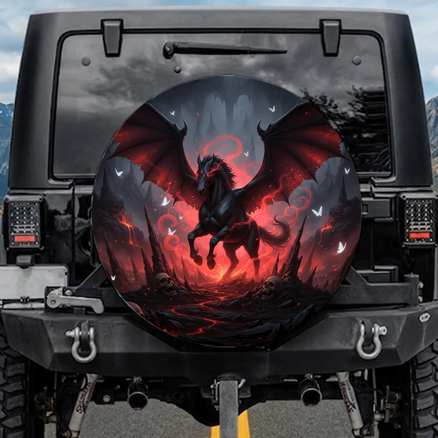 Powerful Black Draconic Steed Skulls Volcanic Landscape - Dark Fantasy Fan Gift Spare Tire Cover - 1