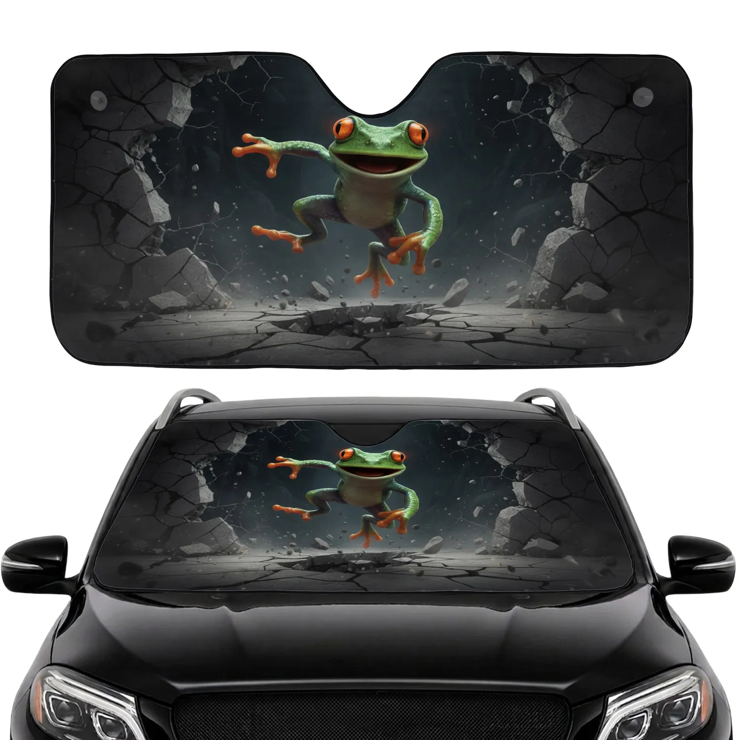 Vibrant Leaping Green Tree Frog Orange Eyes - Fractured Concrete Void Wildlife Lover Gift Car Sunshade - 1
