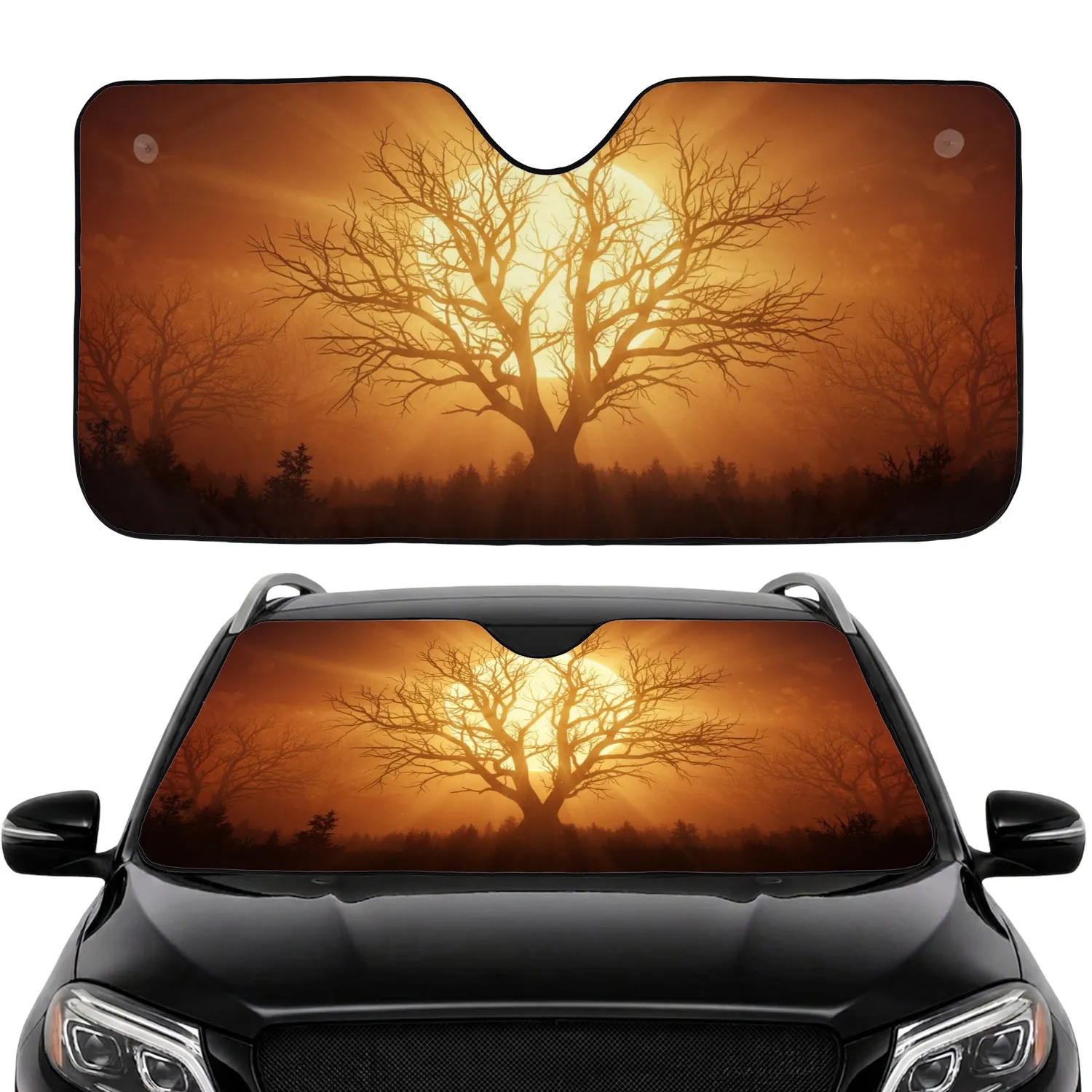 Golden Hour Radiant Sun Bare Tree Branches Silhouette - Nature Lover Gift Car Sunshade - 1
