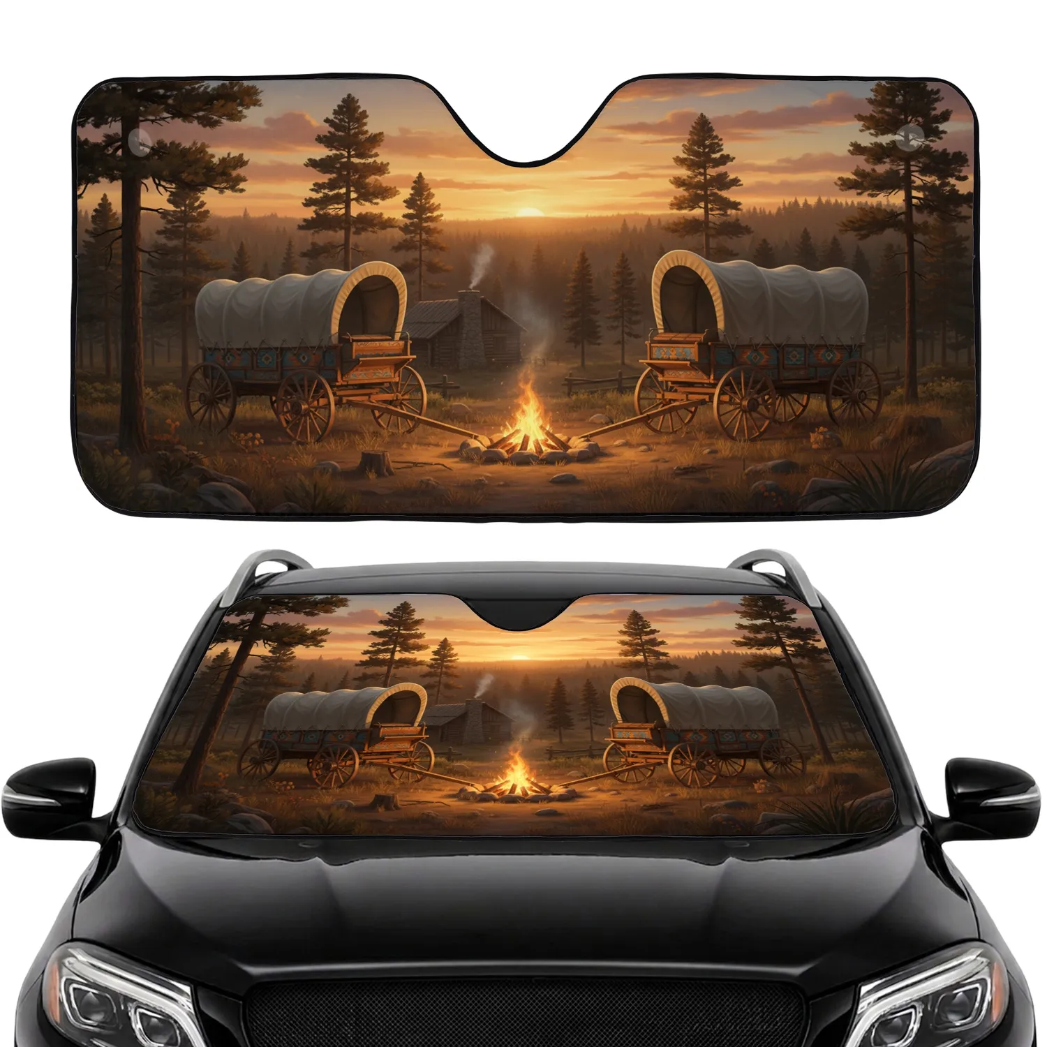 Pioneer Wagons Campfire Western Sunset - Adventure Travel Gift Car Sunshade - 1