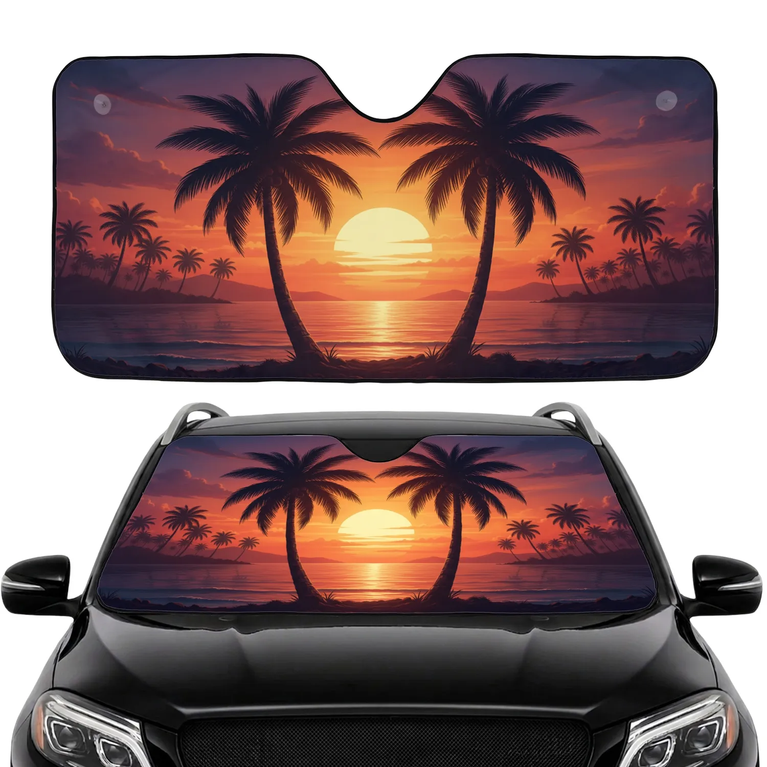 Silhouetted Palm Trees Radiant Sunset Ocean Seascape - Beach Lover Gift Car Sunshade - 1
