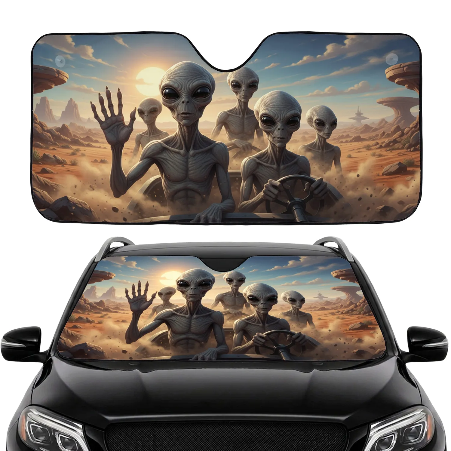 Wrinkled Skin Grey Aliens, Dramatic Desert Shadows - Alien Enthusiast Gift Car Sunshade - 1