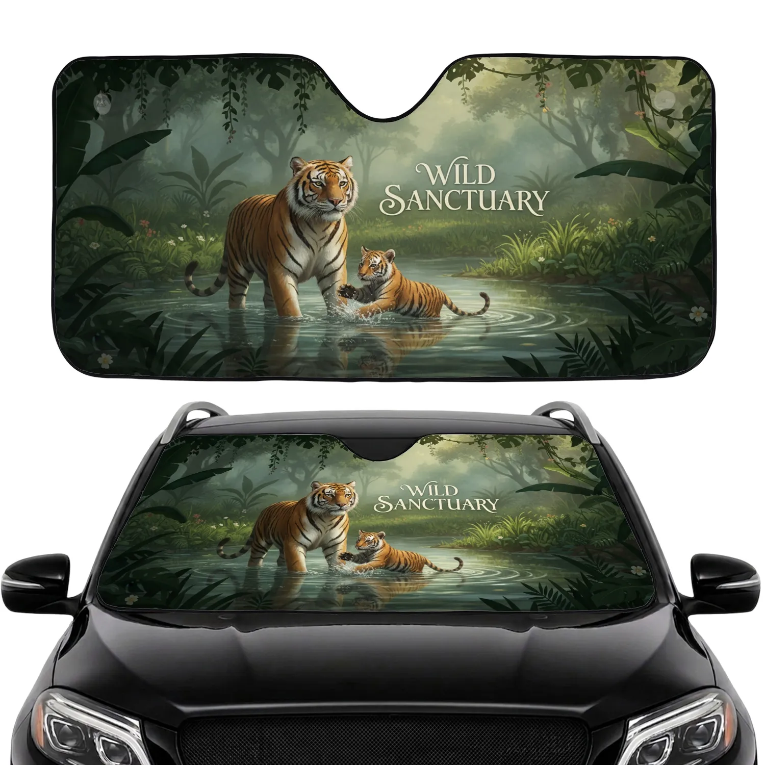 Majestic Adult Tiger Cub Jungle Foliage Water Ripples - Wildlife Lover Gift Car Sunshade - 1