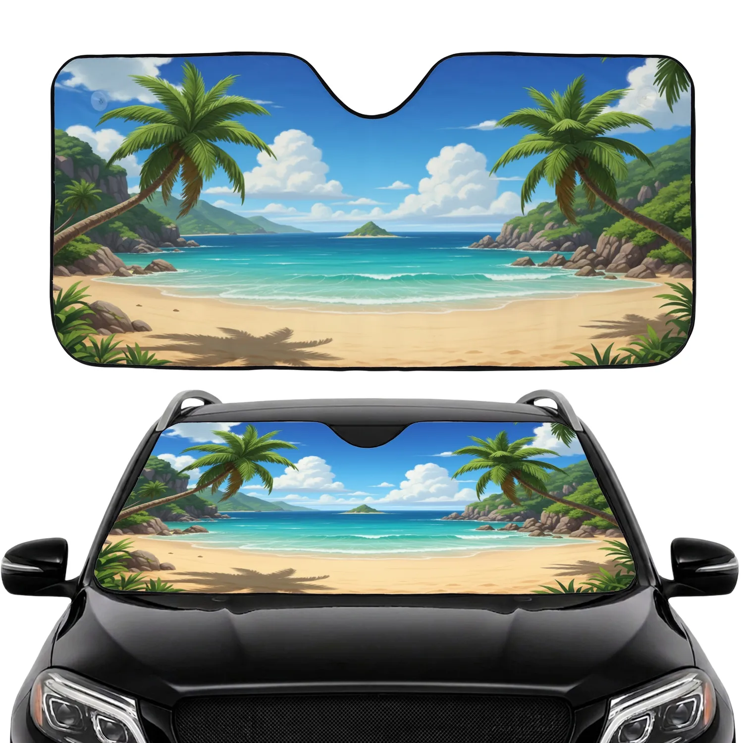 Tropical Beach Palm Trees Golden Sand Ocean - Vacation Lifestyle Car Sunshade - 1