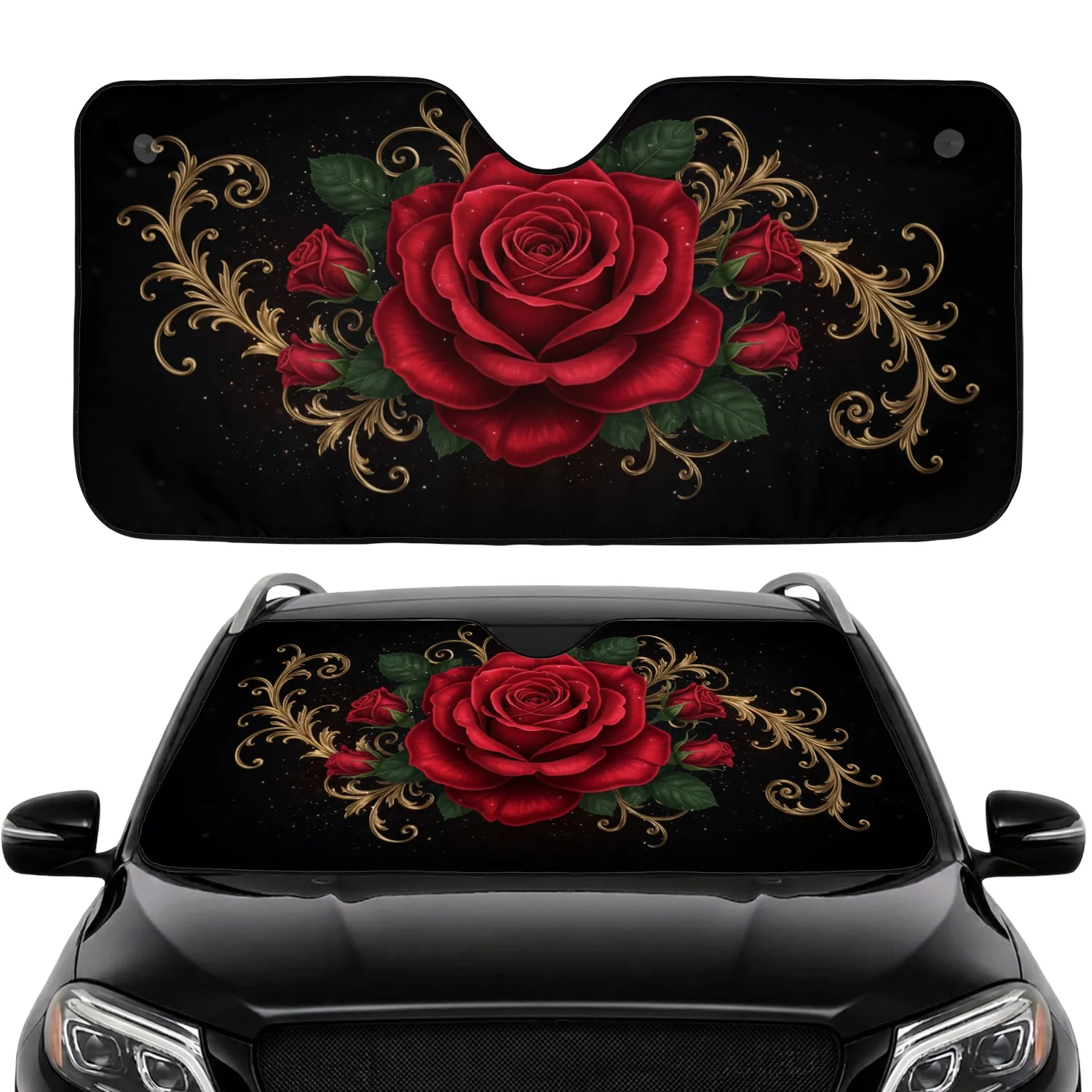 Crimson Red Rose Golden Filigree Green Leaves Star Specks – Rose Lover Decor Gift Car Sunshade - 1