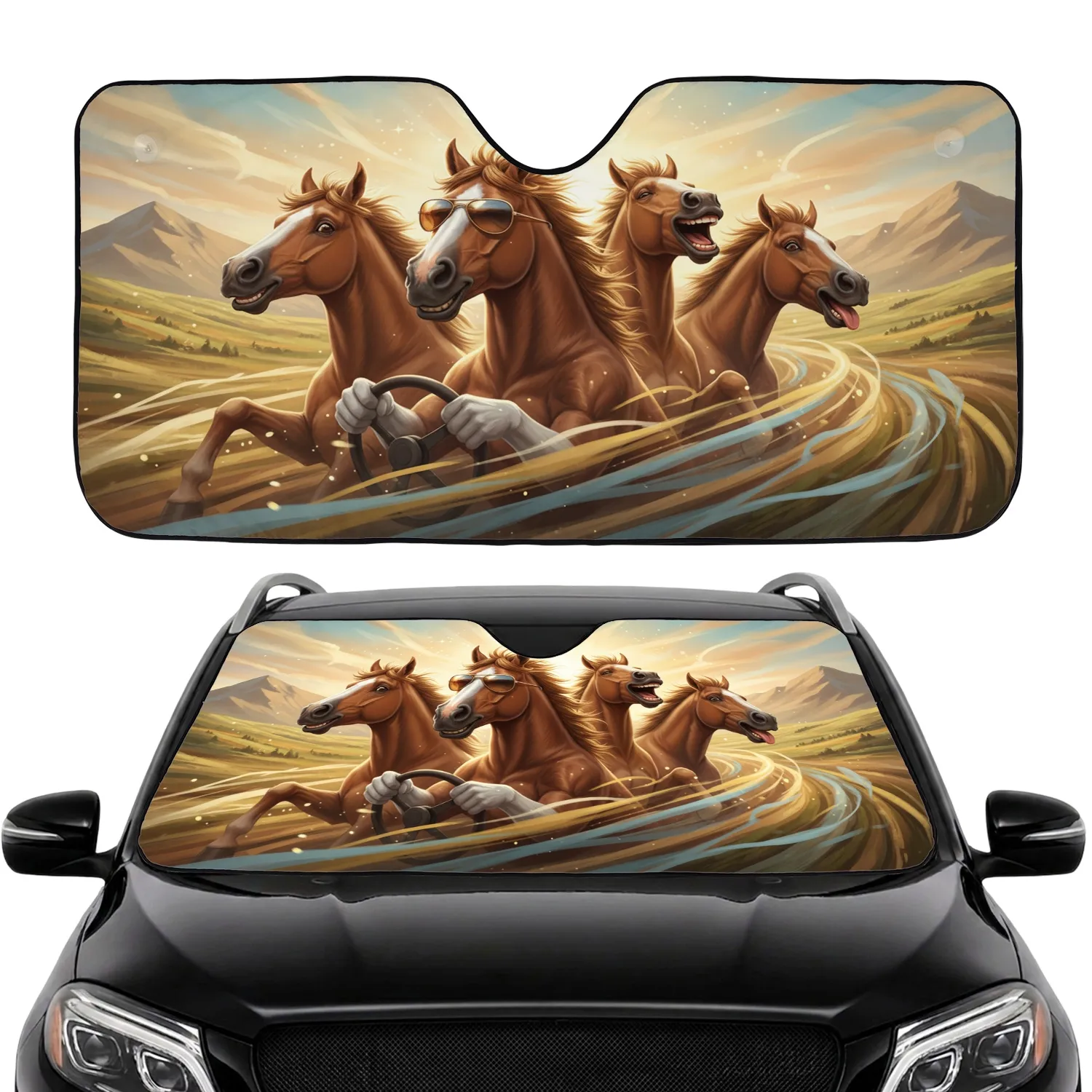 Four Laughing Horses Driving with Sunglasses - Joyful Road Trip Travel Gift Car Sunshade - 1