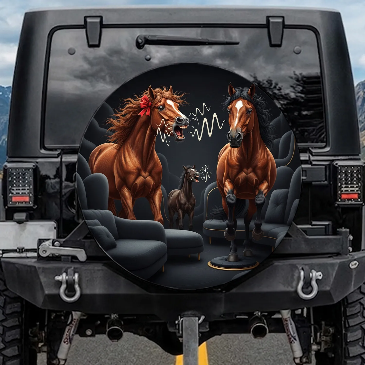 Three Realistic Horses Red Bow Sound Waves - Equestrian Decor Gift Spare Tire Cover - 1