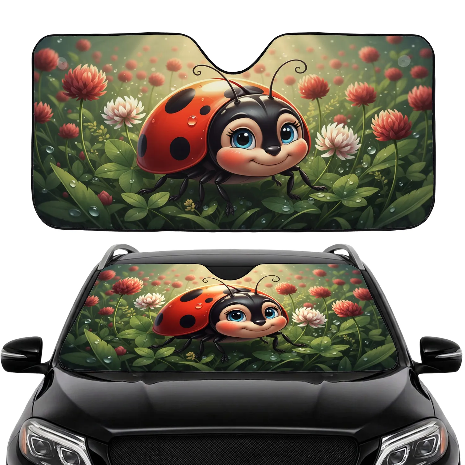 Ladybug Red Clover Green Foliage White Clover Flowers Dew Drops - Wildlife Lover Gift Car Sunshade - 1