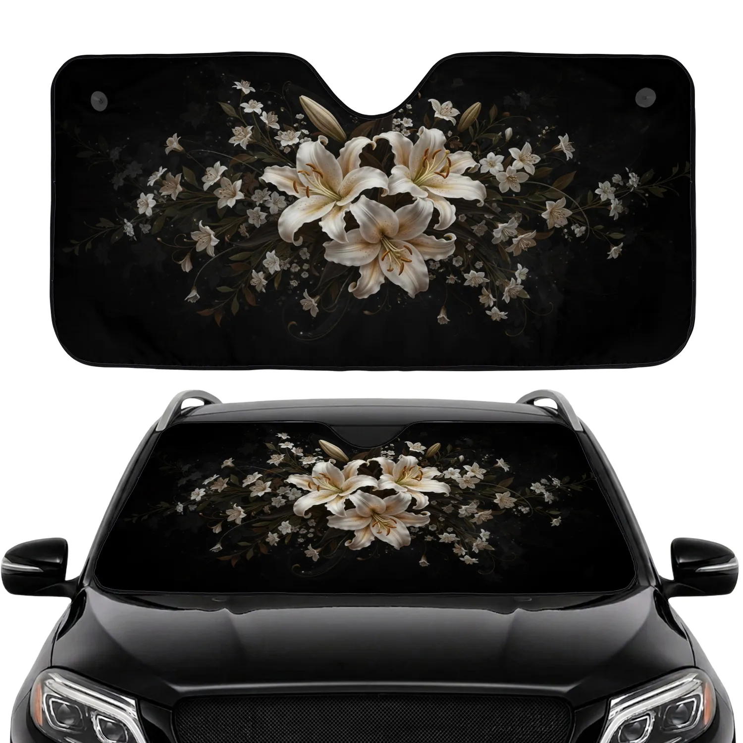 Realistic White Beige Lily Floral Dark Foliage Black Textured Background Car Sunshade - 1