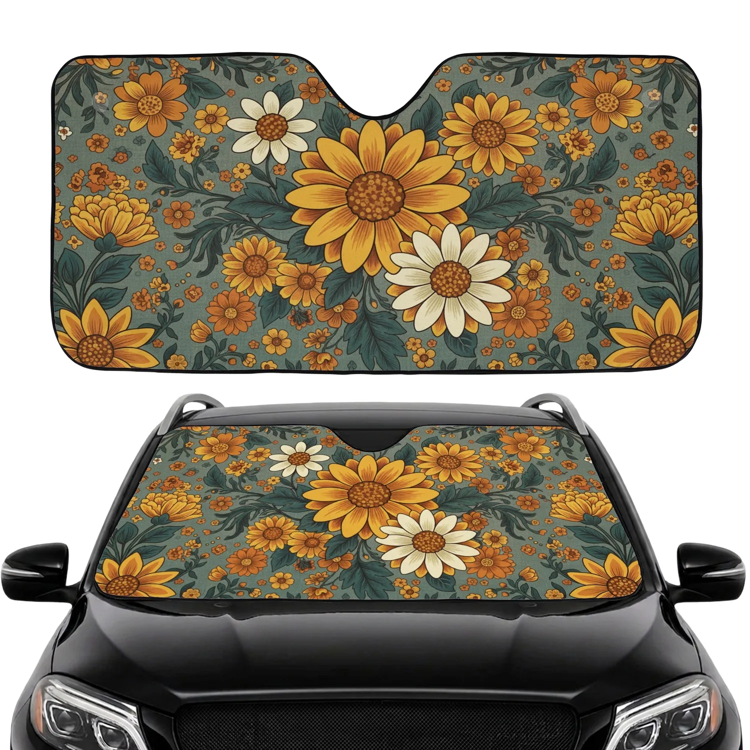 Vintage 70s Floral Daisies Swirling Leaves - Boho Lifestyle Decor Car Sunshade - 1