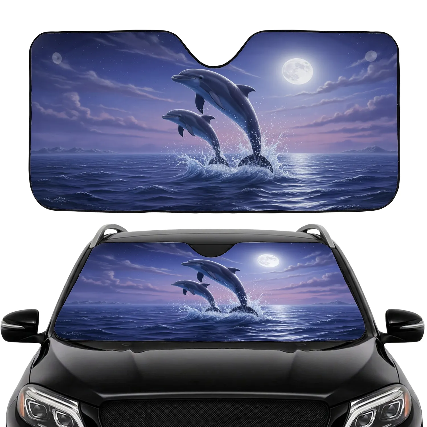 Dolphins Leaping Ocean Stars Full Moon - Sea Life Lover Gift Car Sunshade - 1