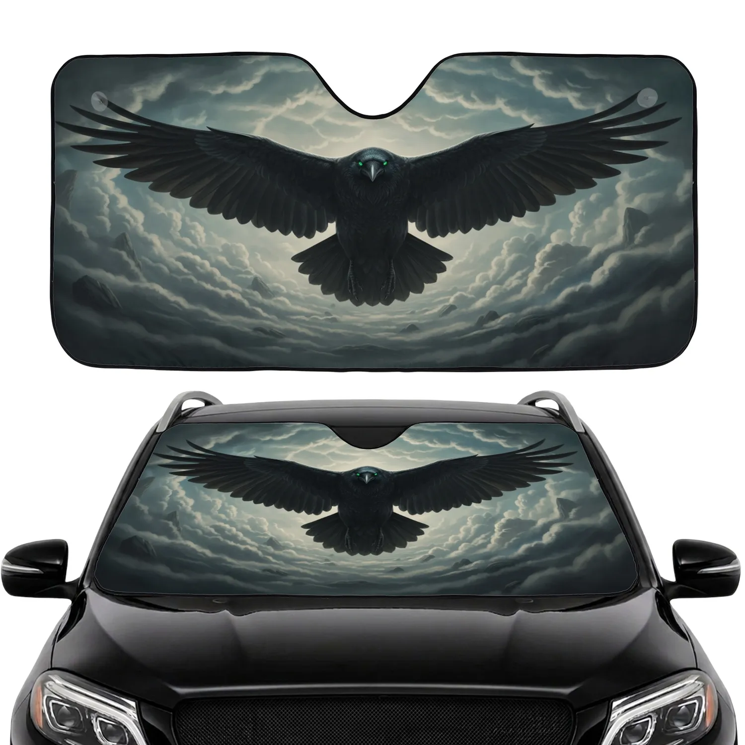 Black Raven Soaring Cloudscape - Wildlife Lover Gift for Bird Watchers Car Sunshade - 1