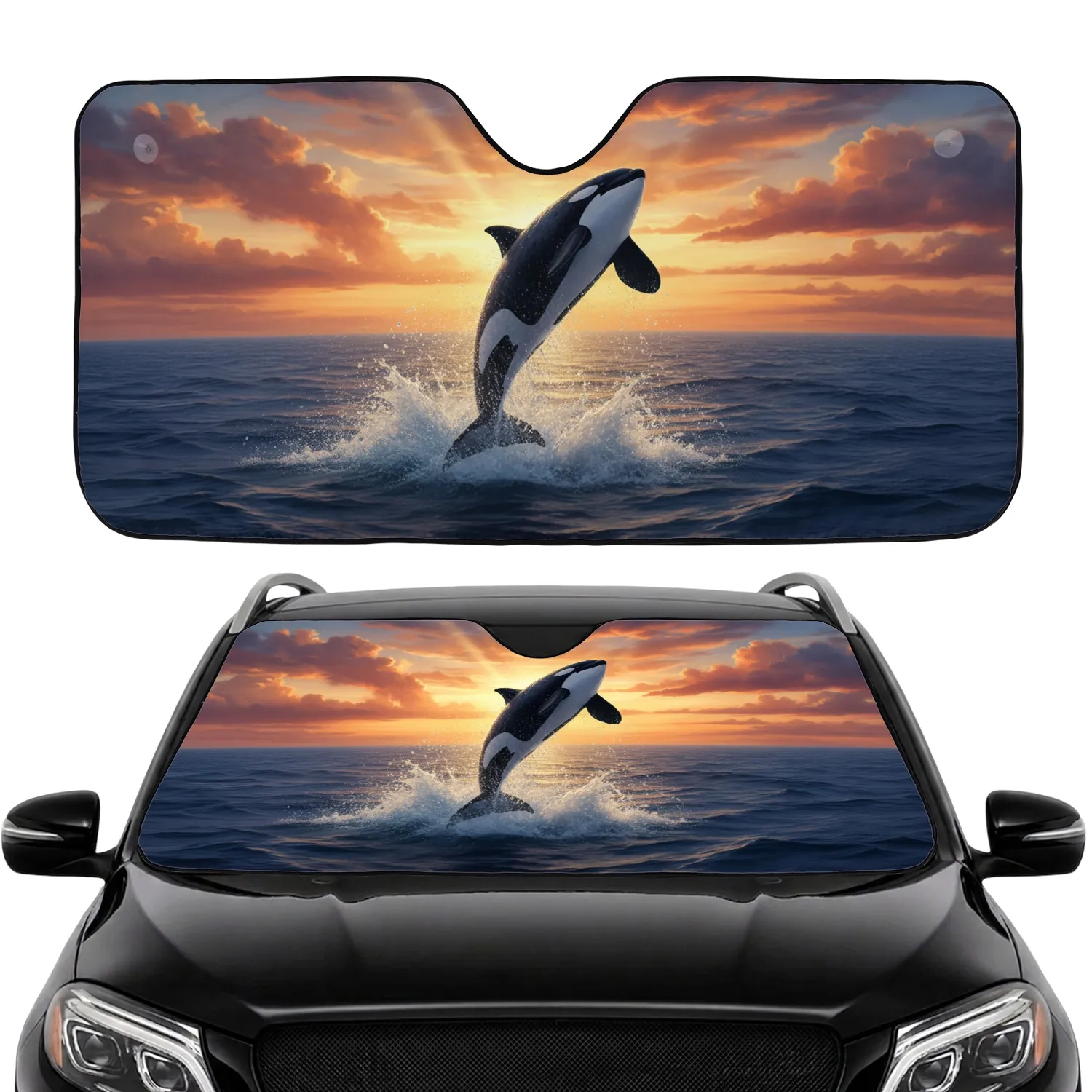 Majestic Killer Whale Leaping Turbulent Ocean Sunset Sky - Marine Wildlife Lover Gift Car Sunshade - 1