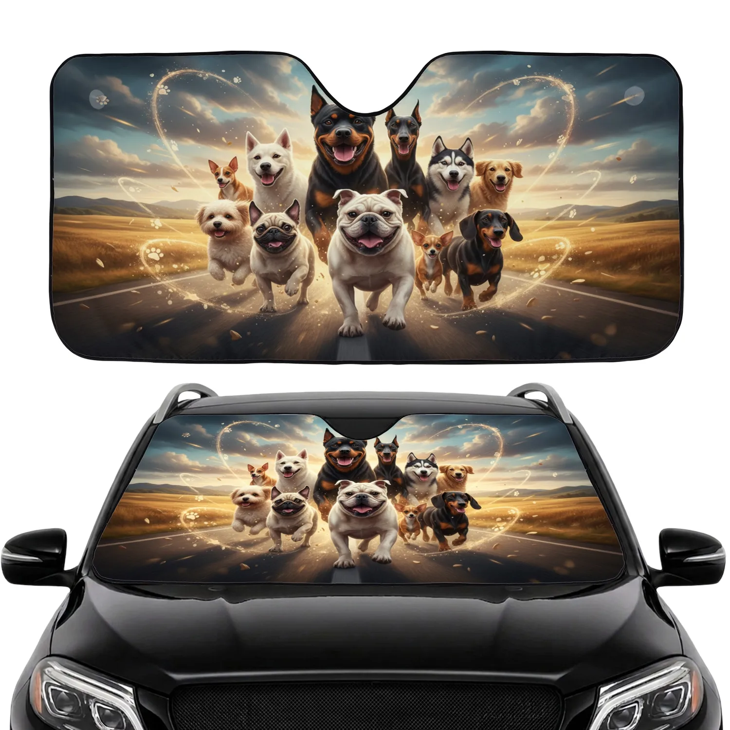 Joyous Diverse Dog Pack Golden Prairie Road Trip - Dog Lover Travel Gift Car Sunshade - 1