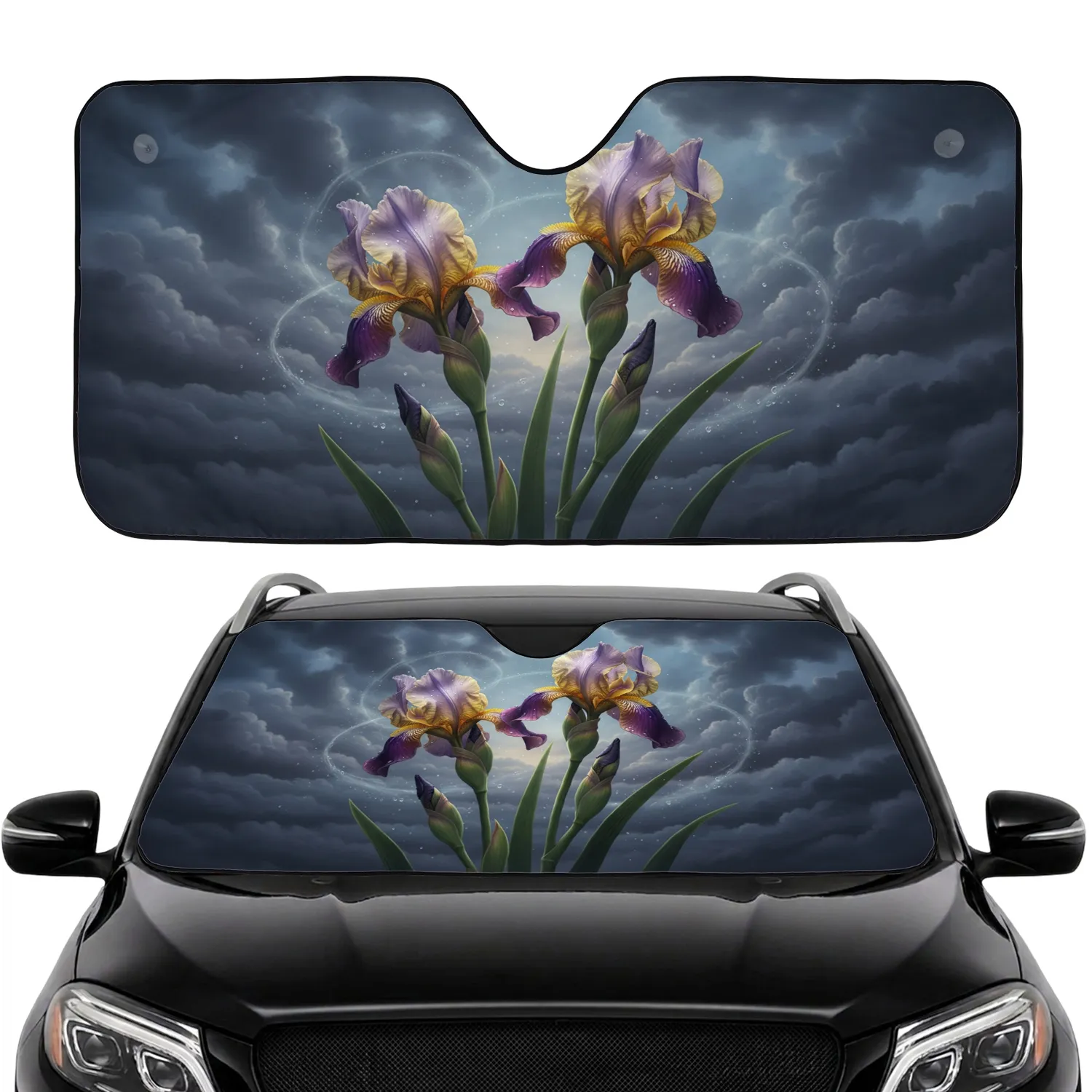 Purple Golden Iris Dewdrop Flowers Swirling Sky - Nature Lover Gift Car Sunshade - 1