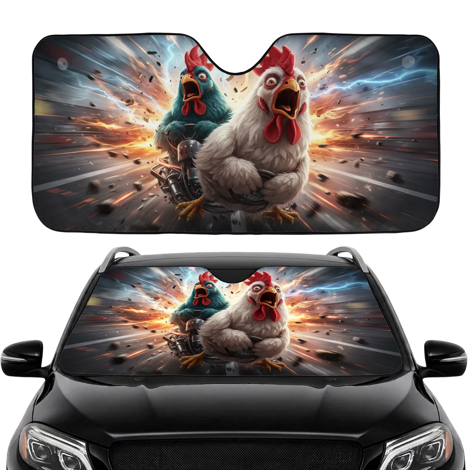 Panicked Chickens Driving Through High Speed Chaos - Road Trip Fun Accessory Car Sunshade - 1