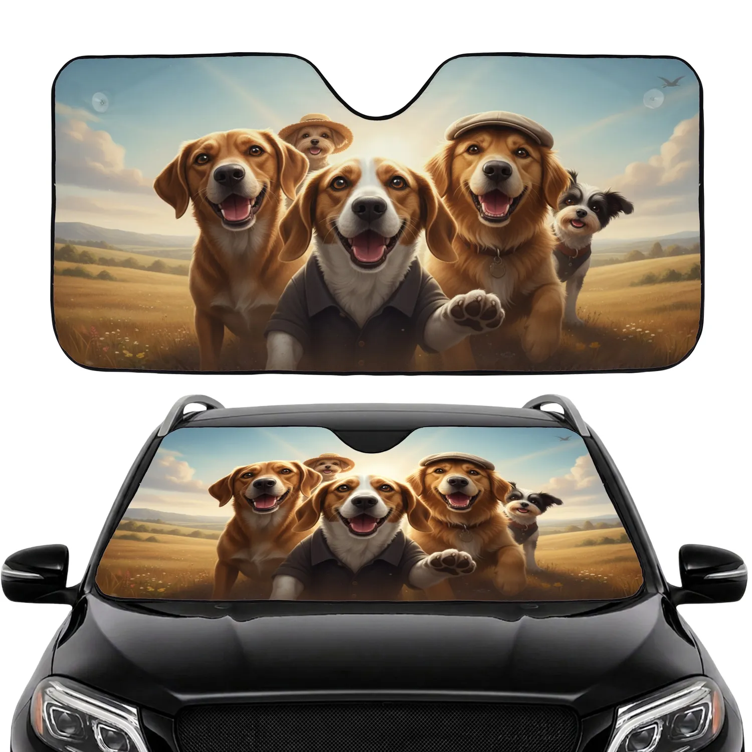 Five Happy Expressive Dogs Sun-Drenched Rolling Hills Landscape - Pet Lover Gift Car Sunshade - 1