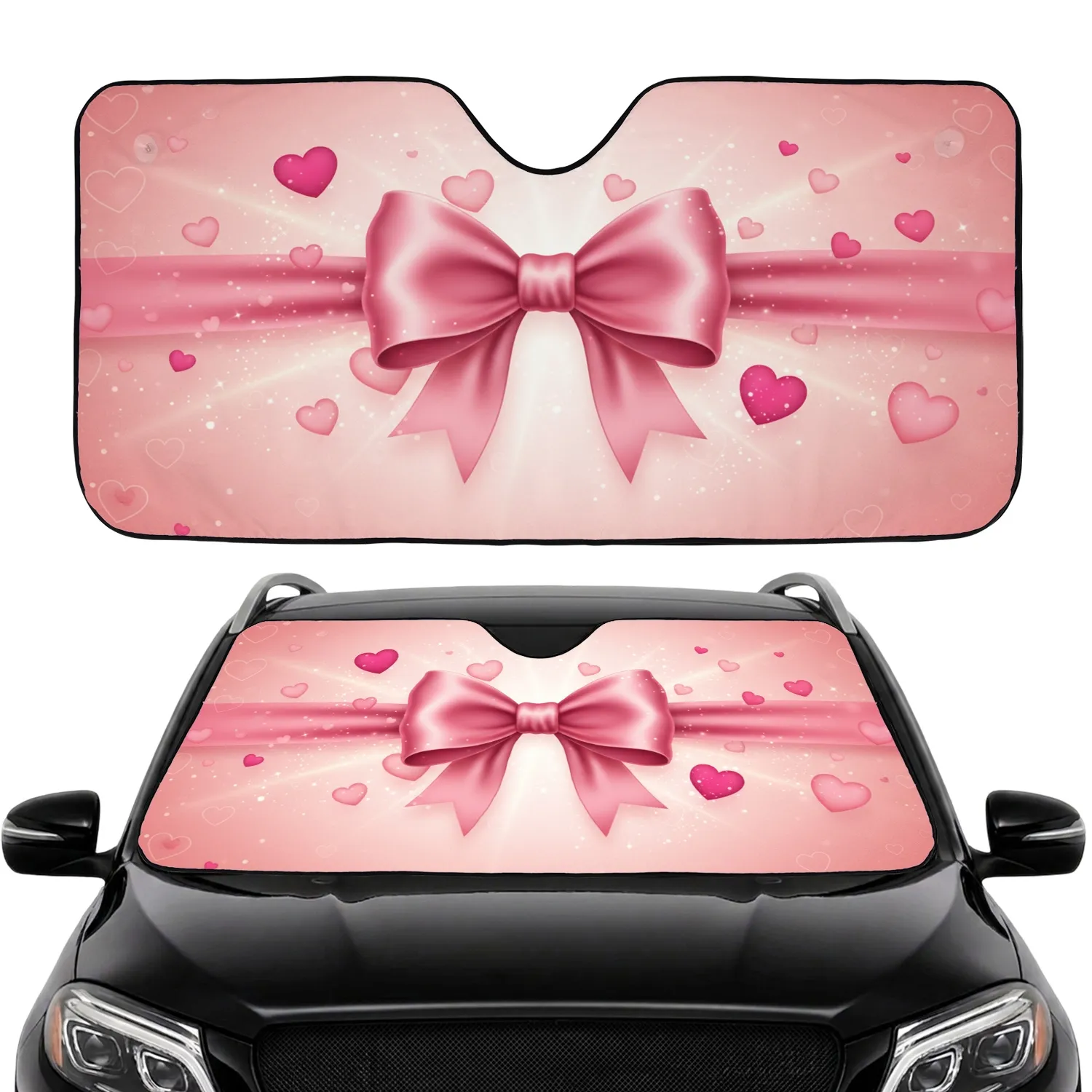 Pink Ribbon Bow Floating Hearts Glitter - Daily Driving Accessory Car Sunshade - 1