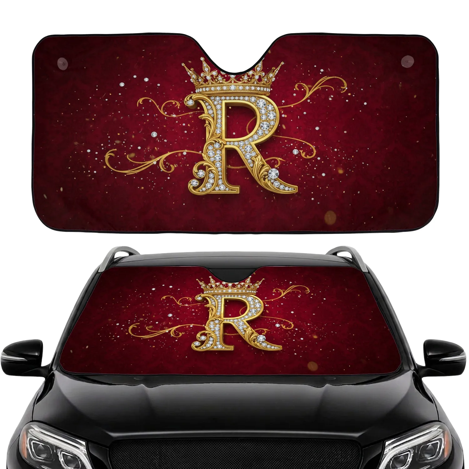 Majestic Golden Letter R King Crown Diamonds Red Velvet - Luxury Car Interior Decor Gift Car Sunshade - 1