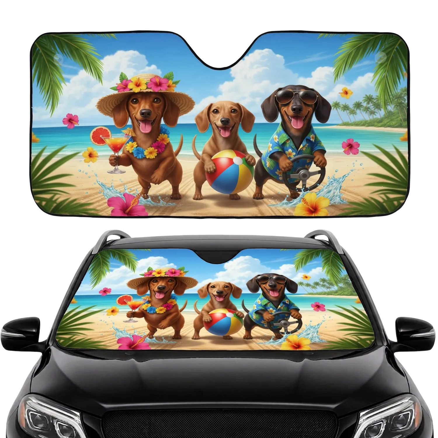 Dachshunds Sun Hat Hawaiian Shirt Tropical Beach - Road Trip Essentials Car Sunshade - 1