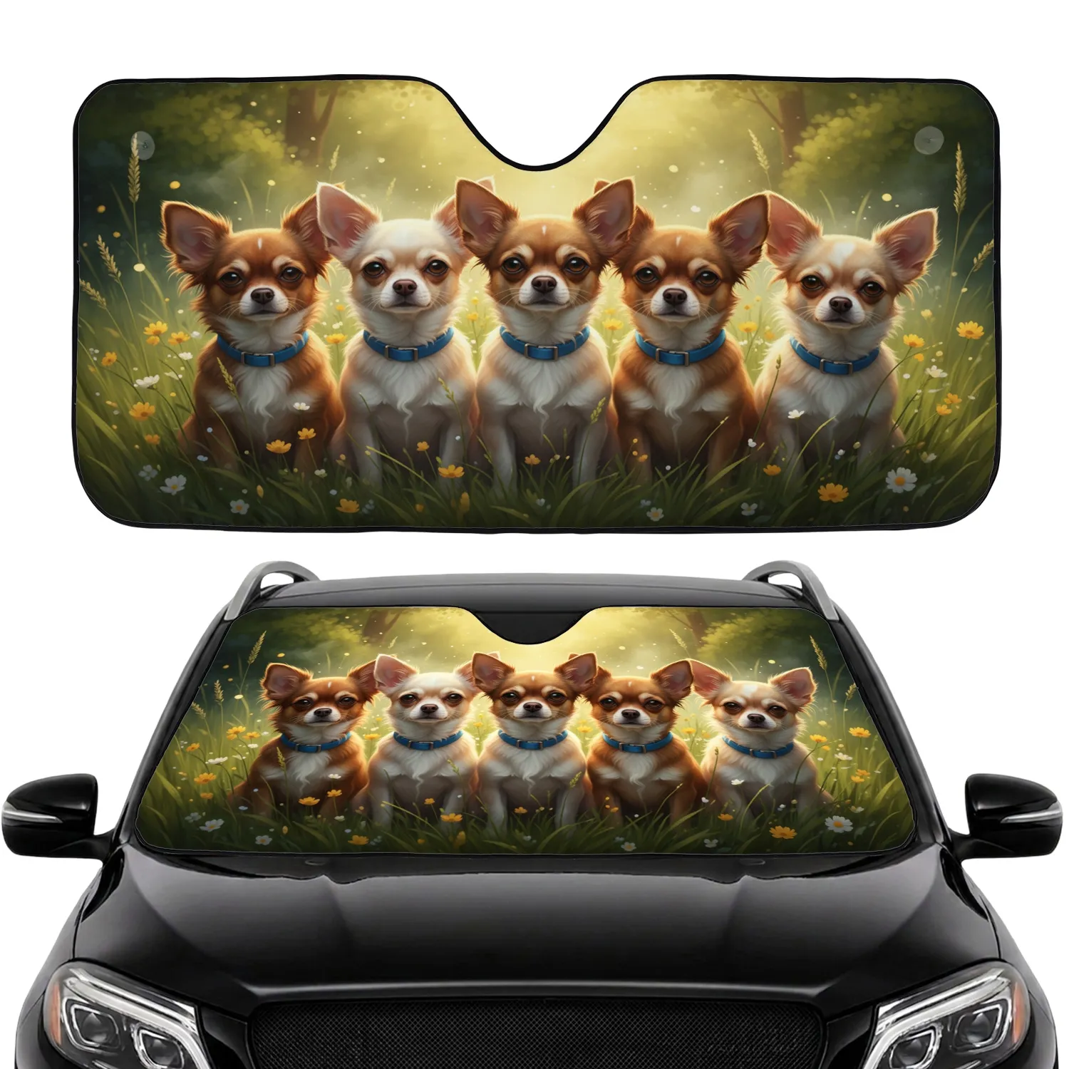 Six Chihuahuas Wildflower Meadow Botanical - Dog Lover Car Accessory Gift Car Sunshade - 1
