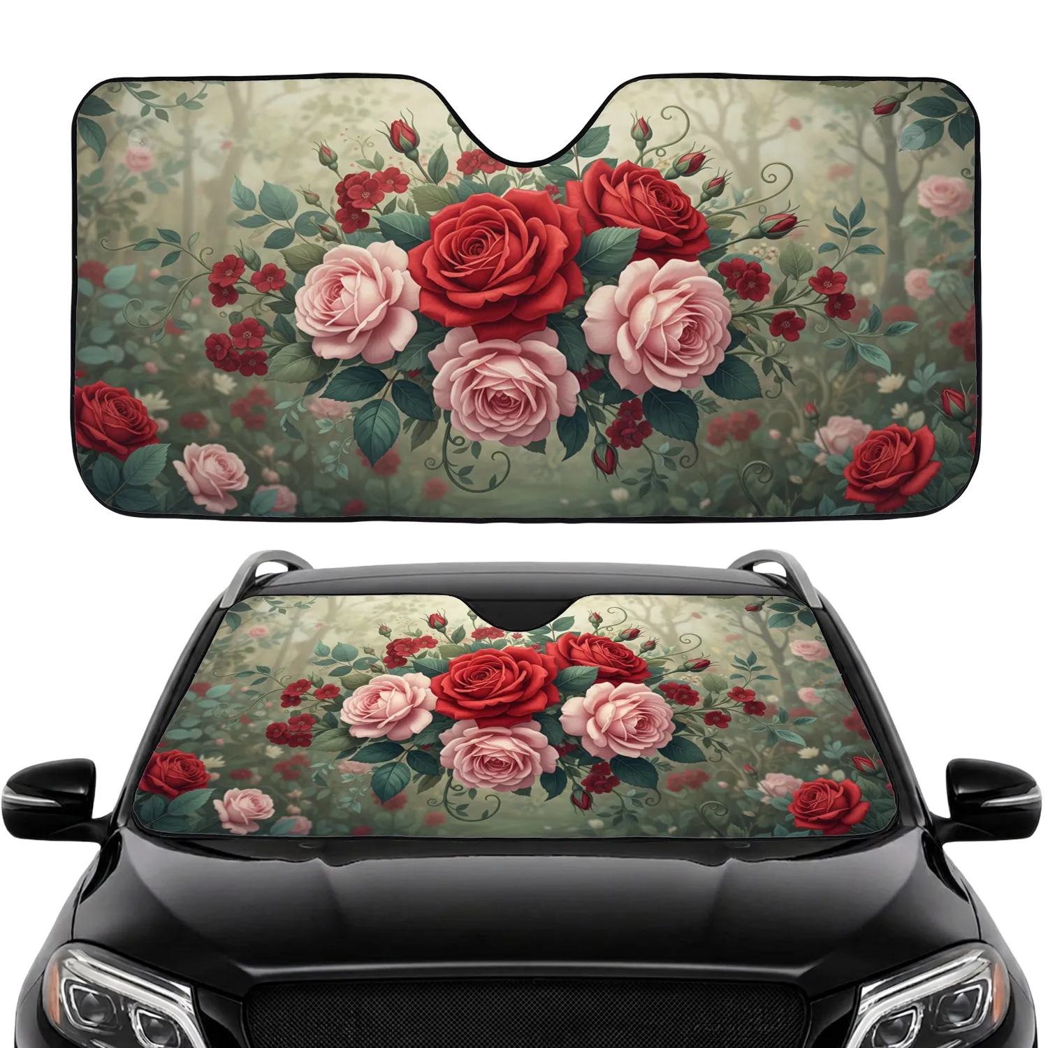 Red Pink Roses Green Teal Leaves Botanical Garden Floral Clusters - Everyday Car Accessory Car Sunshade - 1