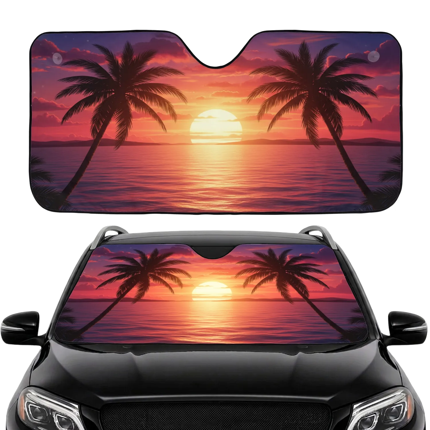Setting Sun Ocean Palm Trees Tropical Scene Car Sunshade - 1